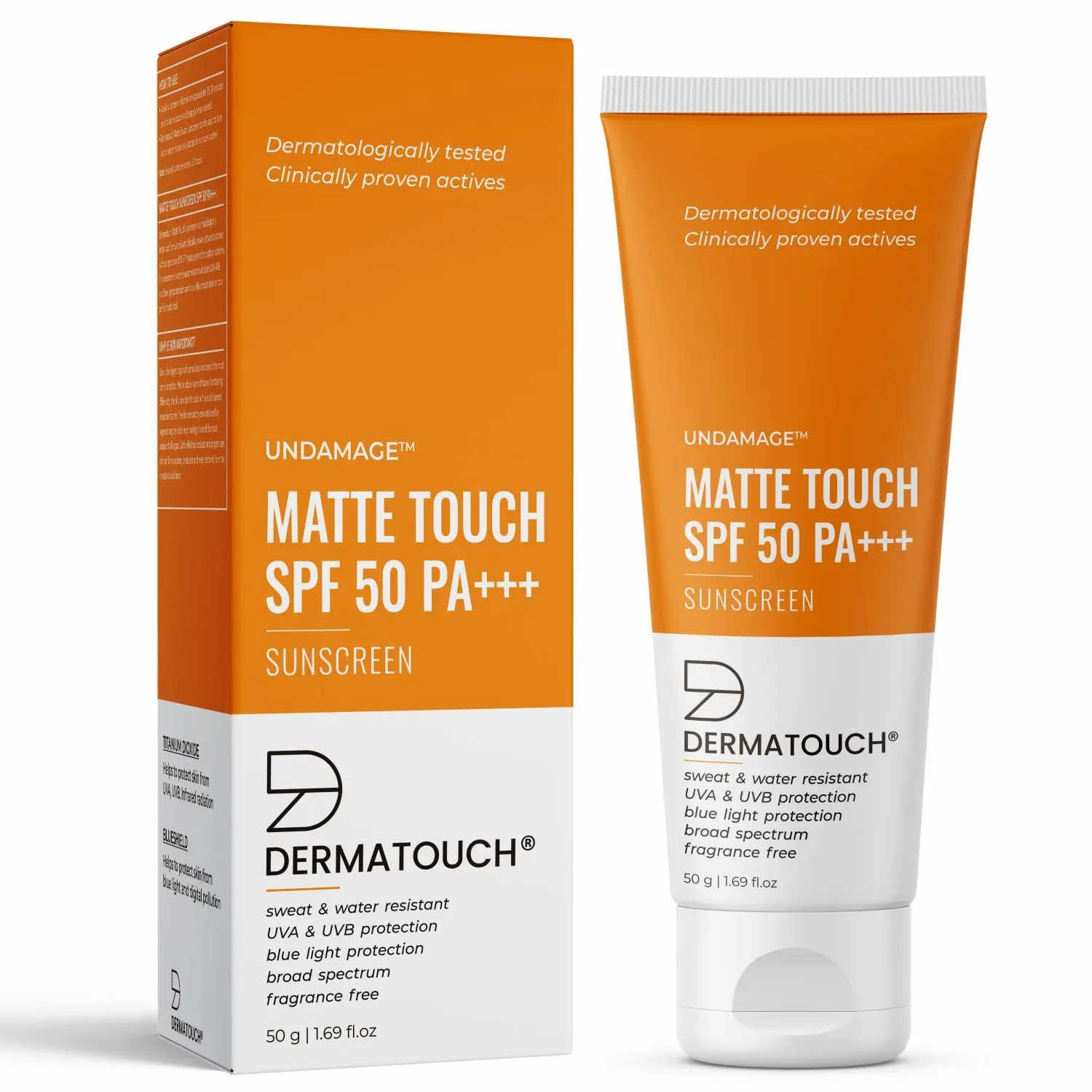 DERMATOUCH Matte Touch Sunscreen SPF 50 PA +++ with Titanium Dioxide & BlueShield | Sweat & Water Resistance | UVA & UVB Protection | Blue Light Protection | For Men & Women - 50G