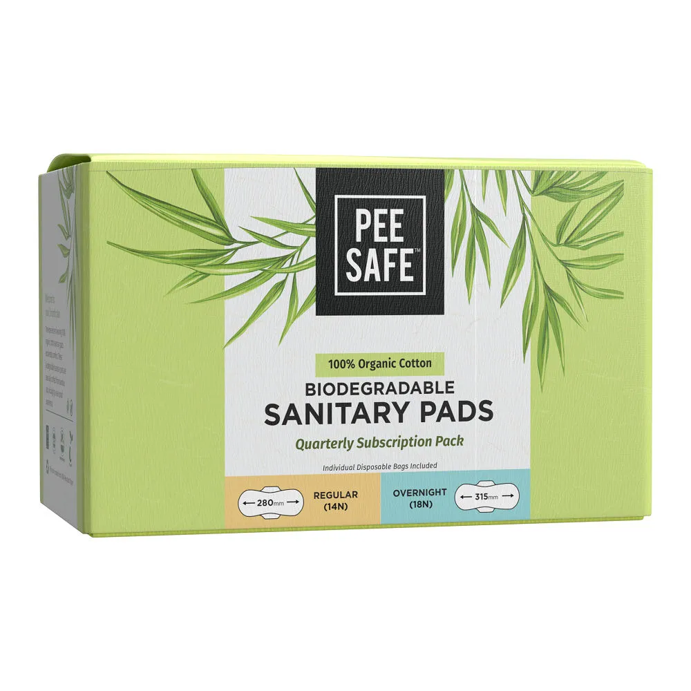 Pee Safe 100% Organic Cotton Sanitary Pads Quarterly Pack (14 Regular Pads & 18 Overnight Pads)