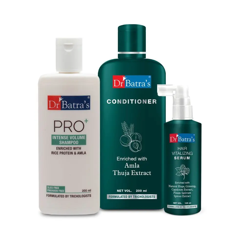 Dr Batra's Pro+Intense Volume Shampoo 200ml, Conditioner 200 ml and Hair Vitalizing Serum 125 ml (Pack of 3 Men and Women)