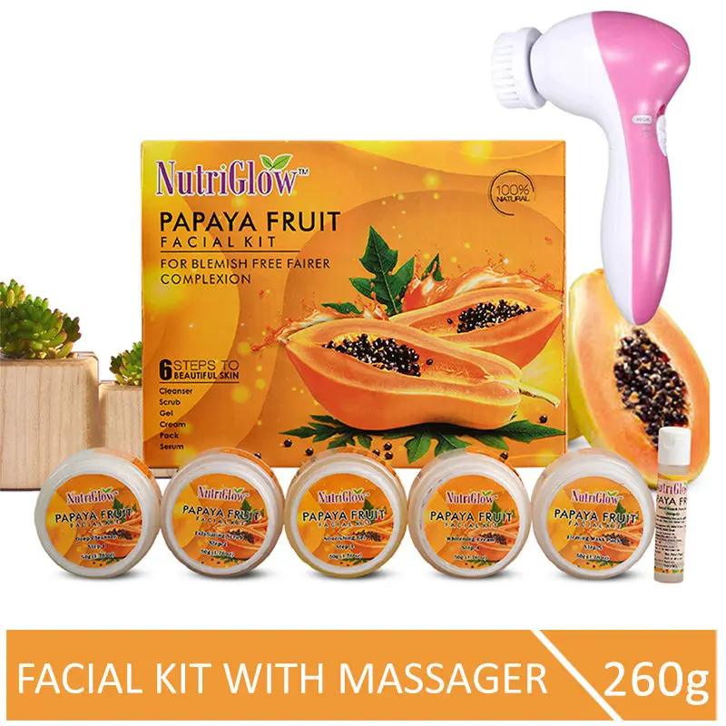 NutriGlow Papaya Fruit Facial Kit For Blemish Free Fairer Complexion (260 gm) With 5-in-1 Face Massager