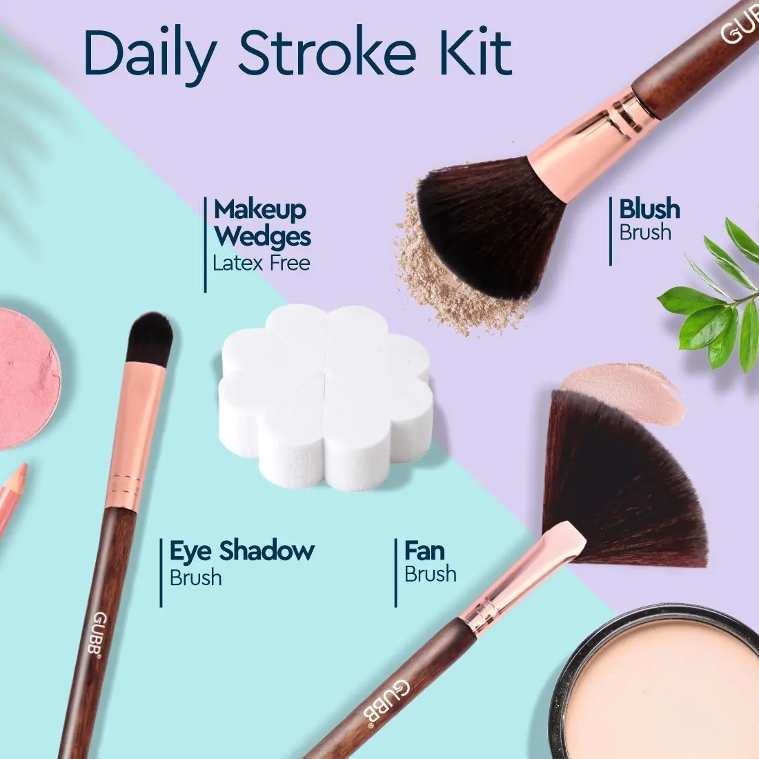 GUBB Daily Stroke Kit Set Of 4 (Fan Brush, Blush Brush, Eyeshadow Brush & Makeup Wedges)