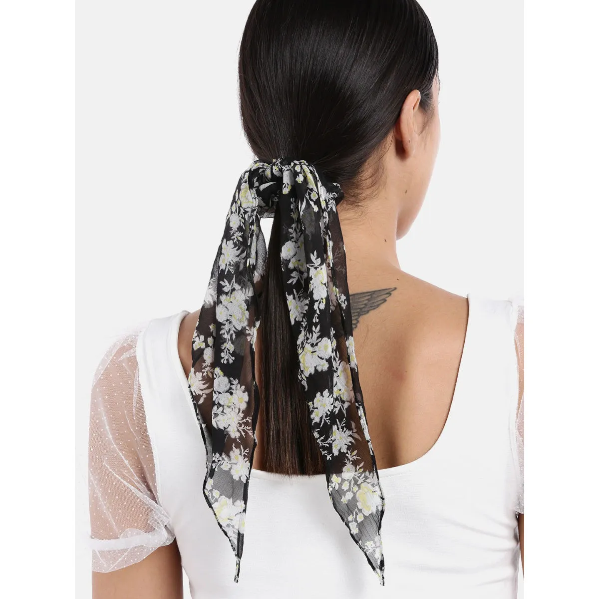 Blueberry Floral Printed Black Ruffle Scrunchie