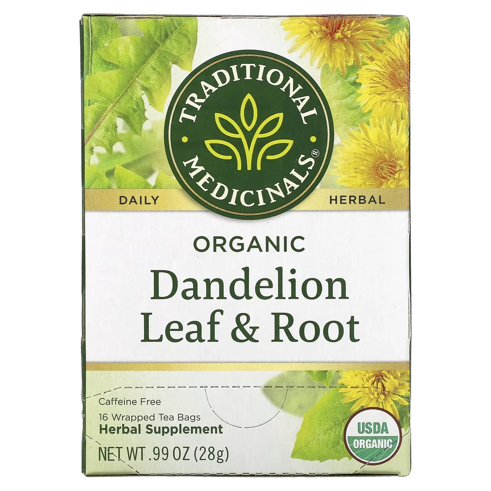 Herbal Teas, Organic Dandelion Leaf & Root Tea, Caffeine Free, 16 Wrapped Tea Bags, .99 oz (28 g)