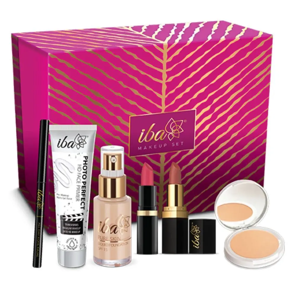 Iba Makeup Gift Set for Women (Fair) - Foundation, Compact, Primer, Lipsticks, Kajal | Long Lasting | Full Coverage | 100% Vegan & Cruelty-Free (6 items in the set)