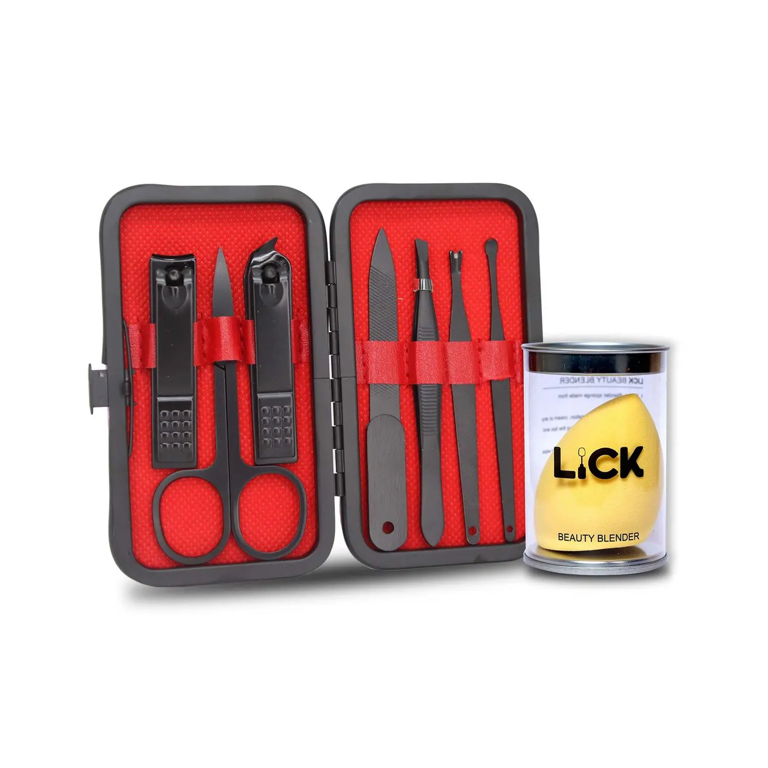 Lick Combo Set of 7 in 1 Black Manicure Pedicure Kit & 1 Yellow Beauty Blender