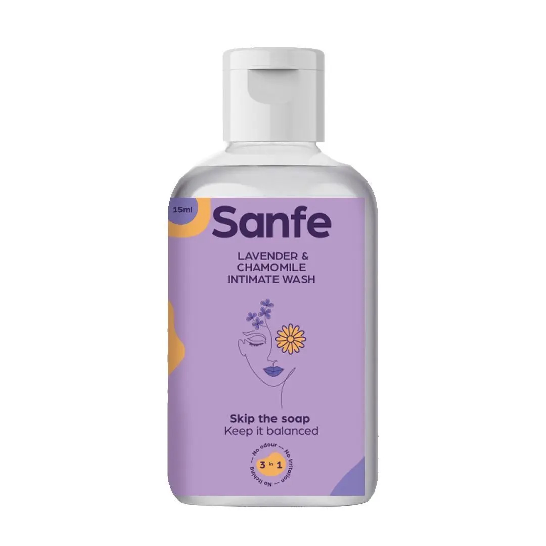 Sanfe Lavender and chamomile Intimate Wash 15ml with ph balancing ingredients mild | Soothing, and gentle solution to cleanse your intimate area