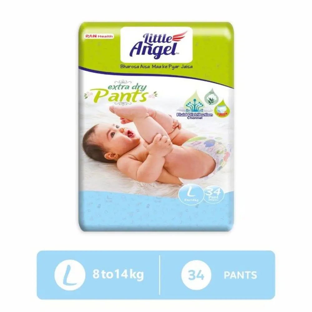 Little Angel Extra Dry Baby Pants Diaper, Large (L) Size, 34 Count, Super Absorbent Core Up to 12 Hrs. Protection, Soft Elastic Waist Grip & Wetness Indicator, Pack of 1, 8-14kg