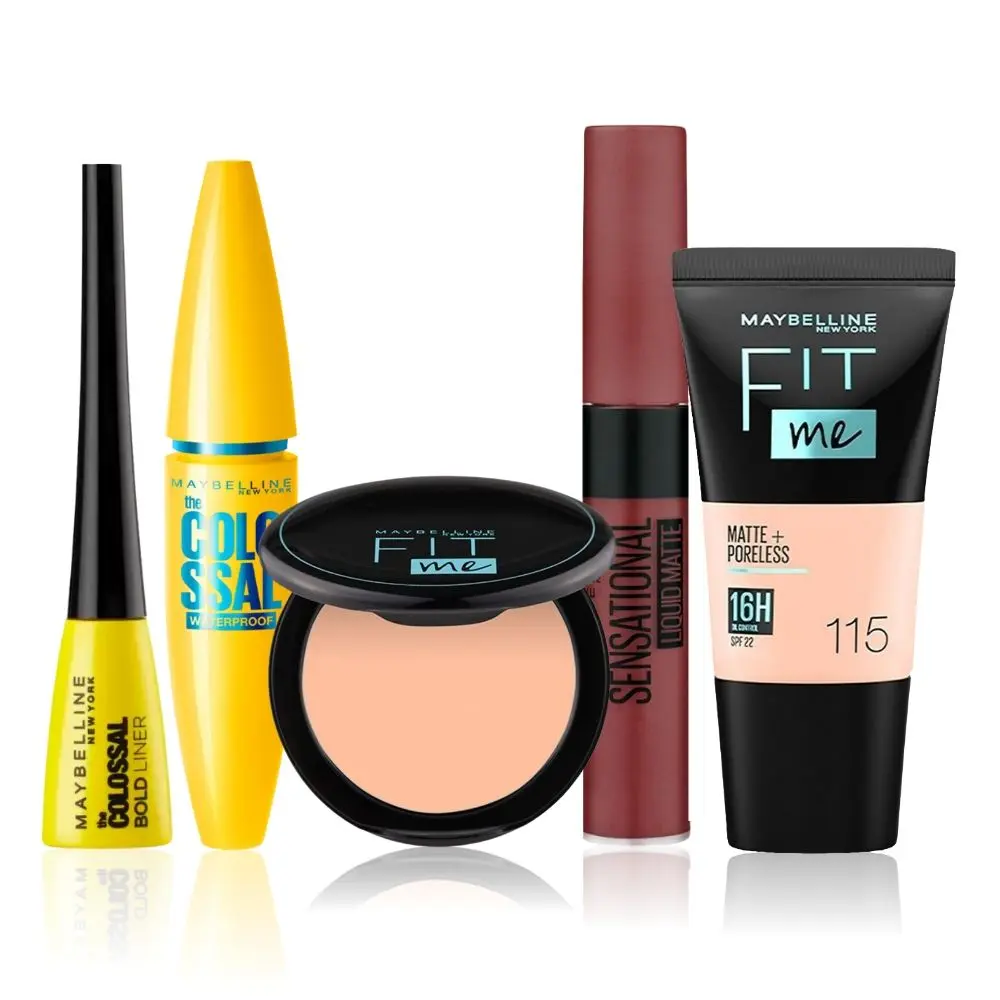 Maybelline NewYork Chic & Charming Essentials Kit 4 |Fit Me Compact 115(6 g) | Fit Me Liquid Foundation 115 (18 ml) | Colossal Volume Express Mascara - Black (10 g) | Colossal Eyeliner Black(3g) |Sensational Liquid Lipstick 21 Nude Nuance (7 ml)