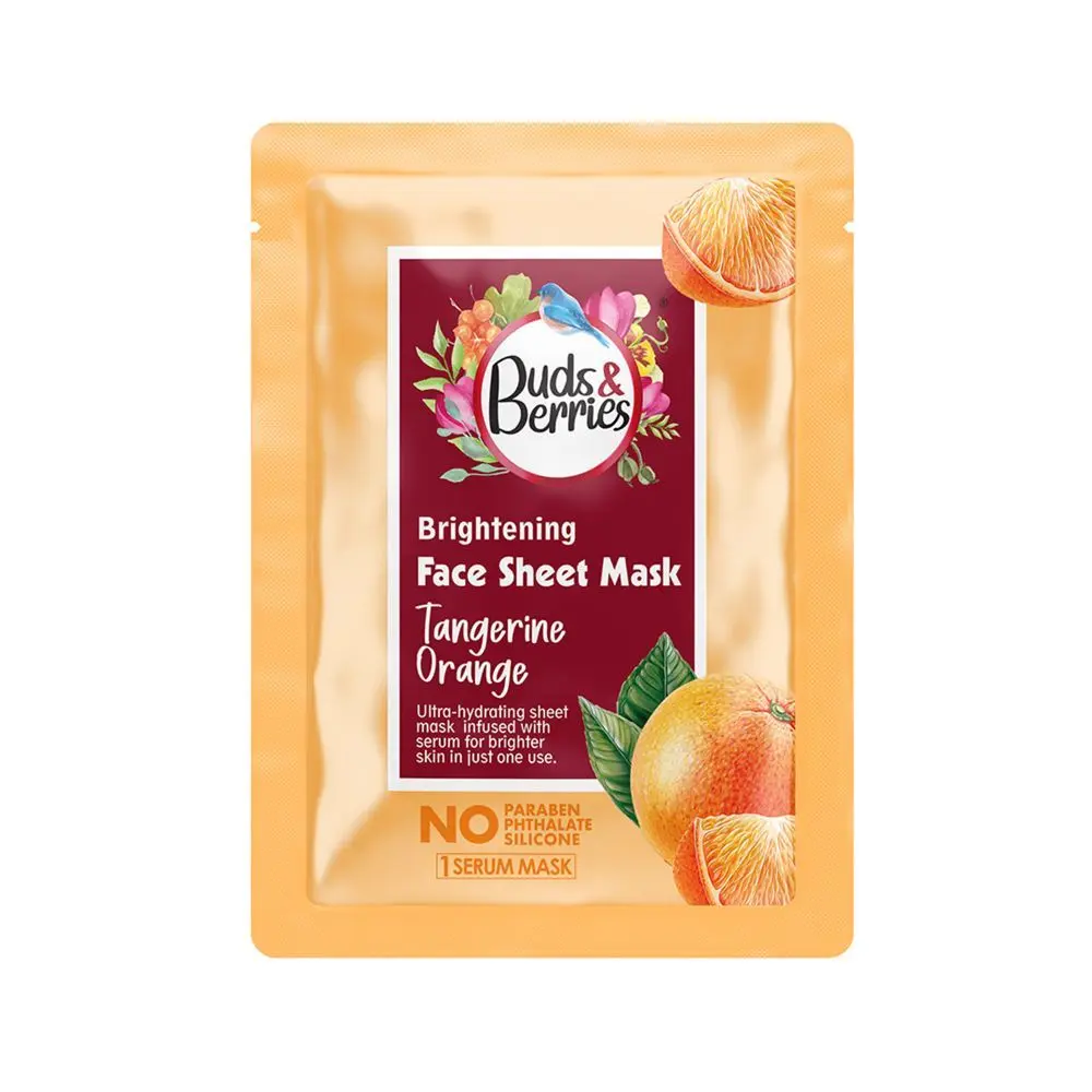 Buds & Berries Brightening Face Sheet Mask with Tangerine Orange | Ultra-hydrating Sheet Mask infused with Serum | No Paraben, No Sulphate, No Silicone - 25 gm