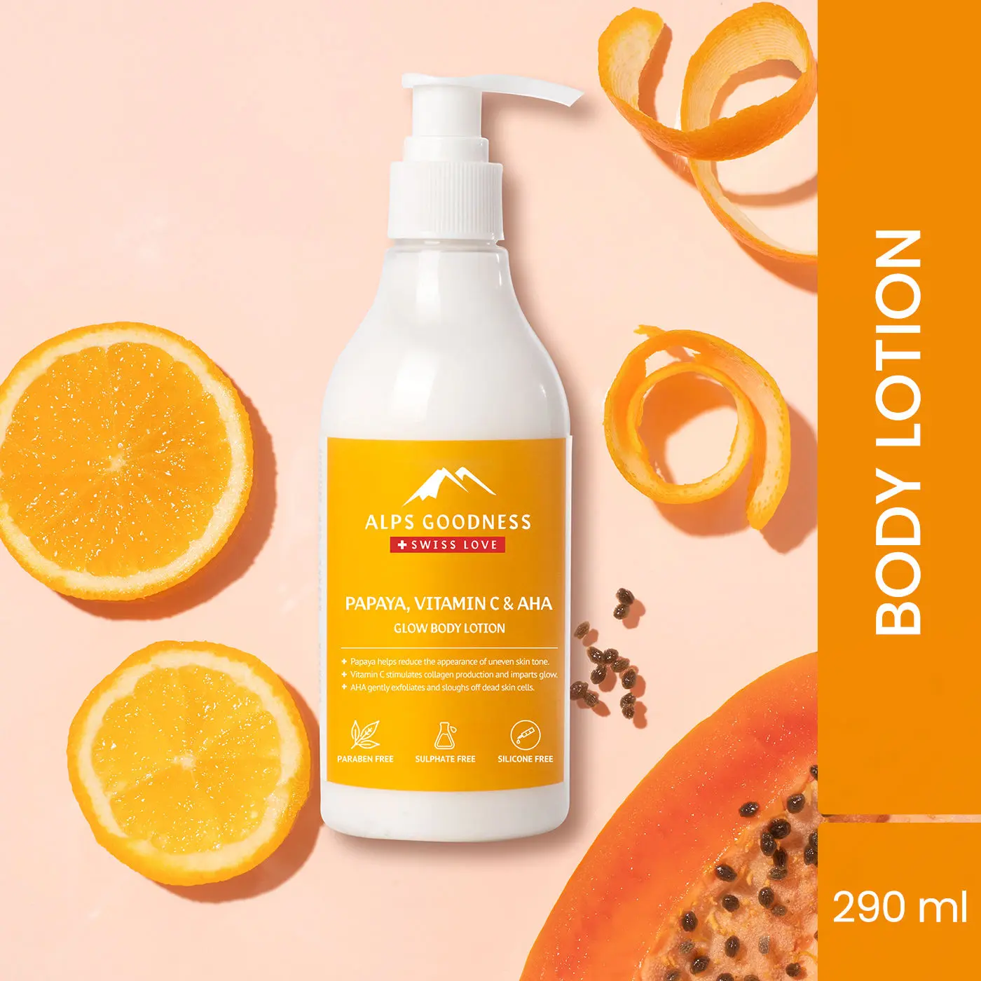 Alps Goodness Papaya, Vitamin C & AHA Glow Body Lotion (290 ml)| Brightening Body Lotion| Vitamin C Body Lotion| De Tan| Tan Removal| Alps Goodness Body Lotion