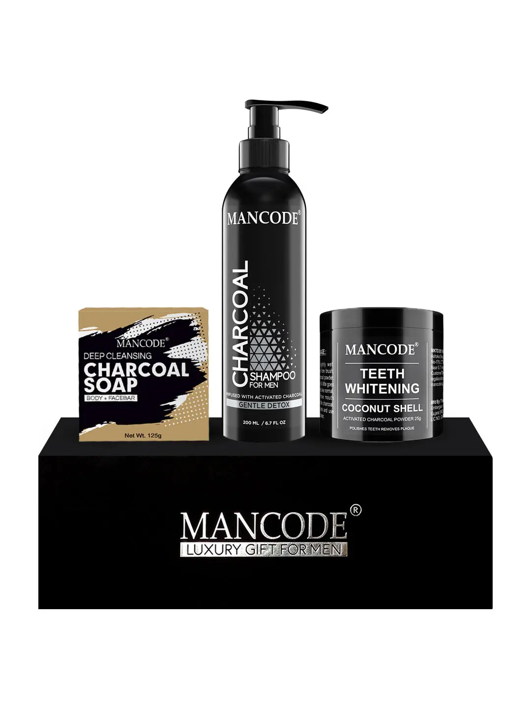 Mancode Gift Set for Men - Premium Luxury Charcoal Bath Essential Kit (Charcoal Soap + Charcoal Shampoo + Teeth Whitening) Gift Set - 08