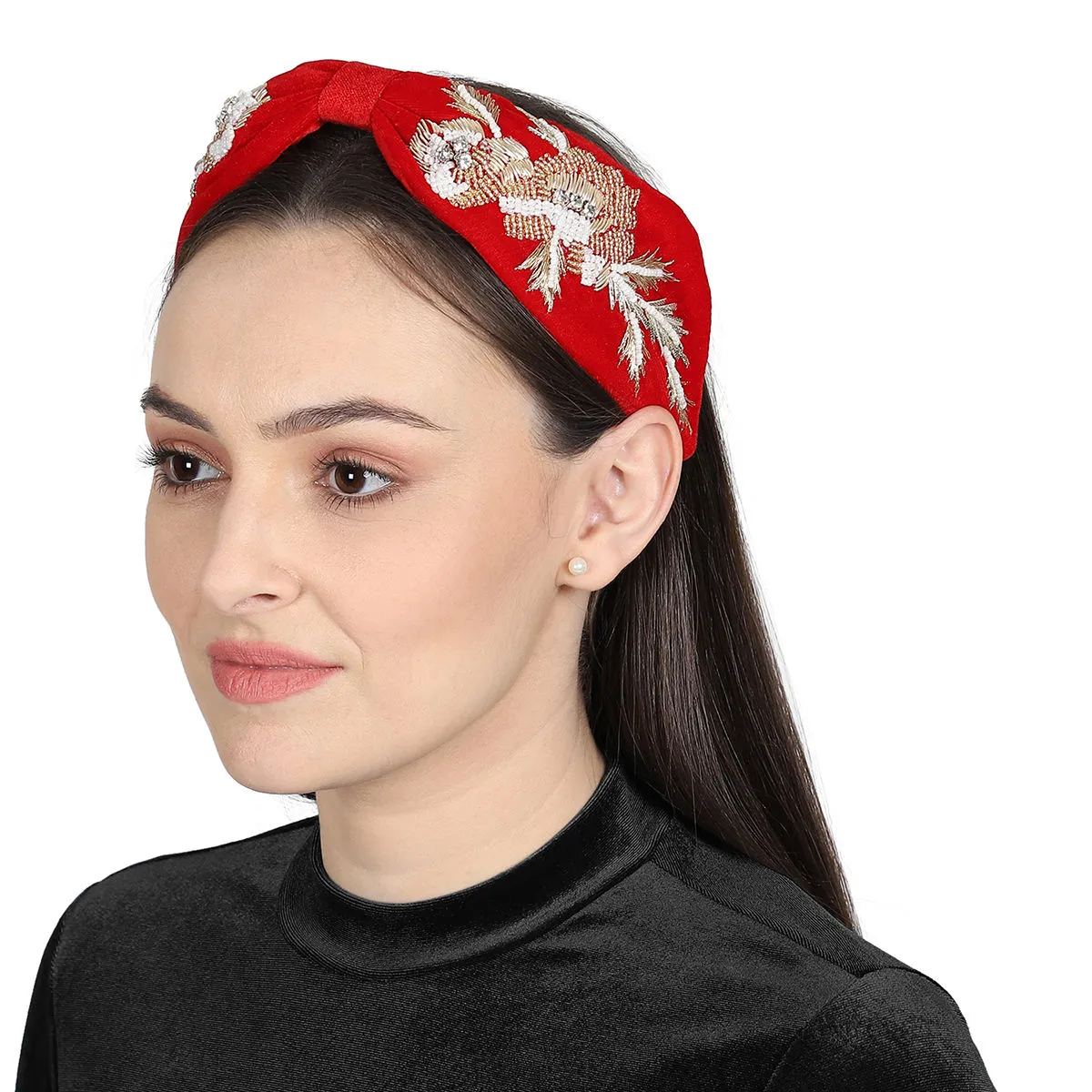 Anekaant Red/gold Velvet Floral Beaded Hairband