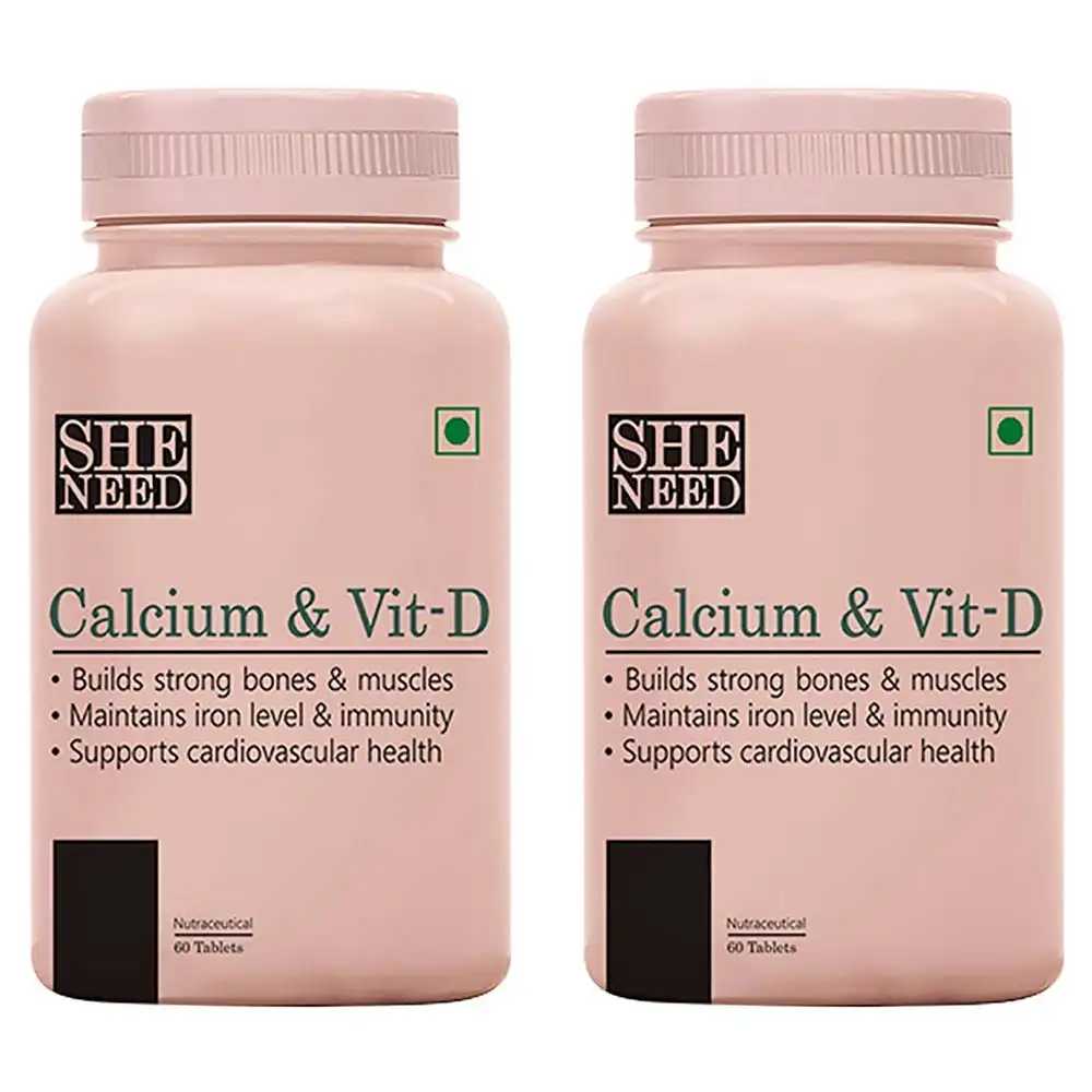 SheNeed Calcium and Vit-D Supplement for Women-Monitors Iron Level & Strong Bone Health,  Unflavoured Pack of 2  60 tablet(s)