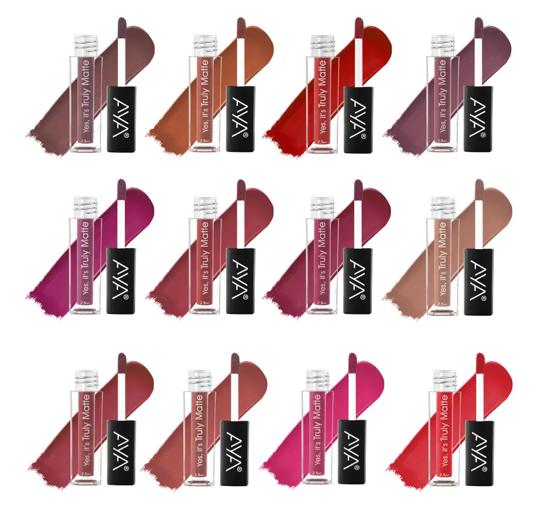 AYA Yes It's Truly Matte Liquid Lipstick, Set of 12, 2.5 ml*12| Long Lasting | Waterproof | Kiss Proof | Enriched with Jojoba Oil, Shea Butter, Almond Oil, Vitamin E, SPF