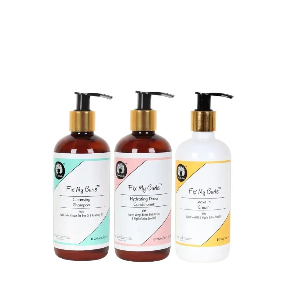 Fix My Curls Complete Curl Care Bundle with Cleansing Shampoo, Hydrating Deep Conditioner and Leave in Cream For Curly And Wavy Hair 250 G Each