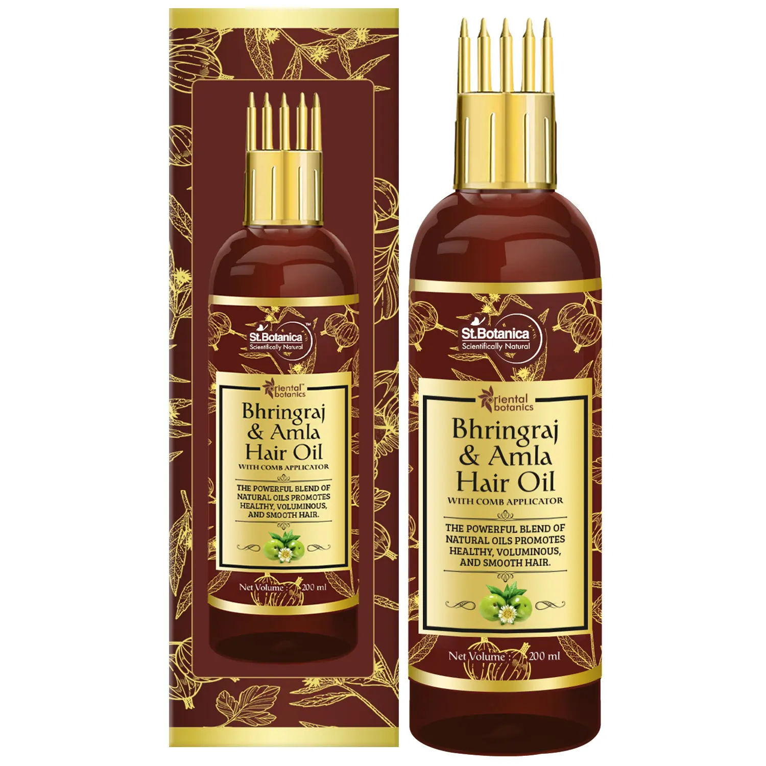 Oriental Botanics Bhringraj & Amla Hair Oil With Comb Applicator, 200ml - Promotes Healthy, Voluminous & Smooth Hair