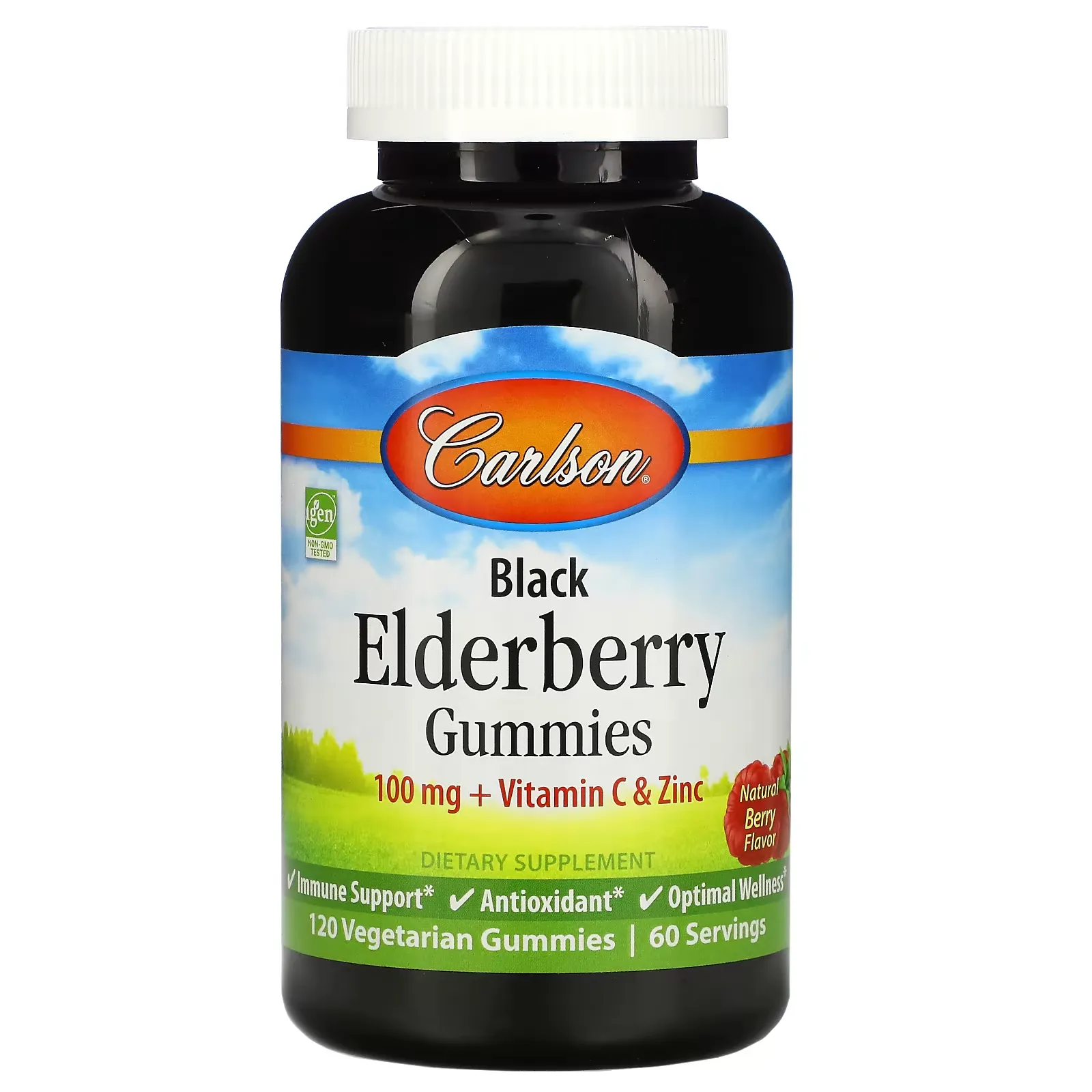 Black Elderberry Gummies + Vitamin C & Zinc, Natural Berry, 50 mg, 120 Vegetarian Gummies