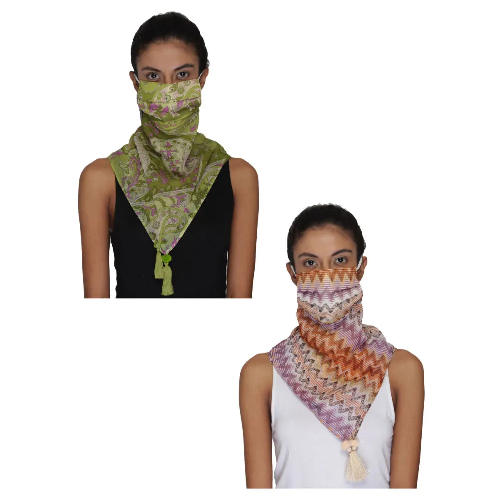 Anekaant Pack Of 2 Multicolor 3-Ply Reusable Poly Chiffon Printed Tesselled Scarf Style Fashion Mask