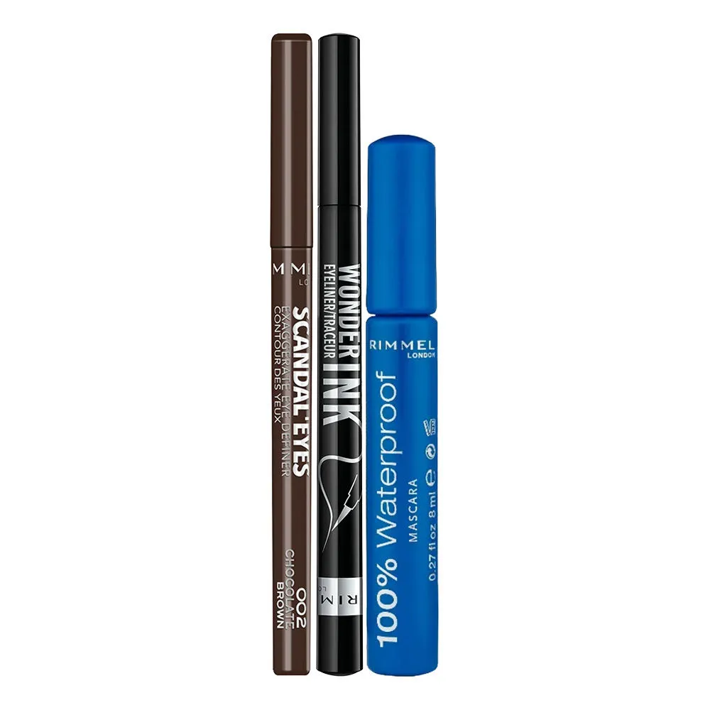 Rimmel London Combo Exaggerate Kajal- Chocolate Brown, Waterproof Mascara & Eye Liner- Black