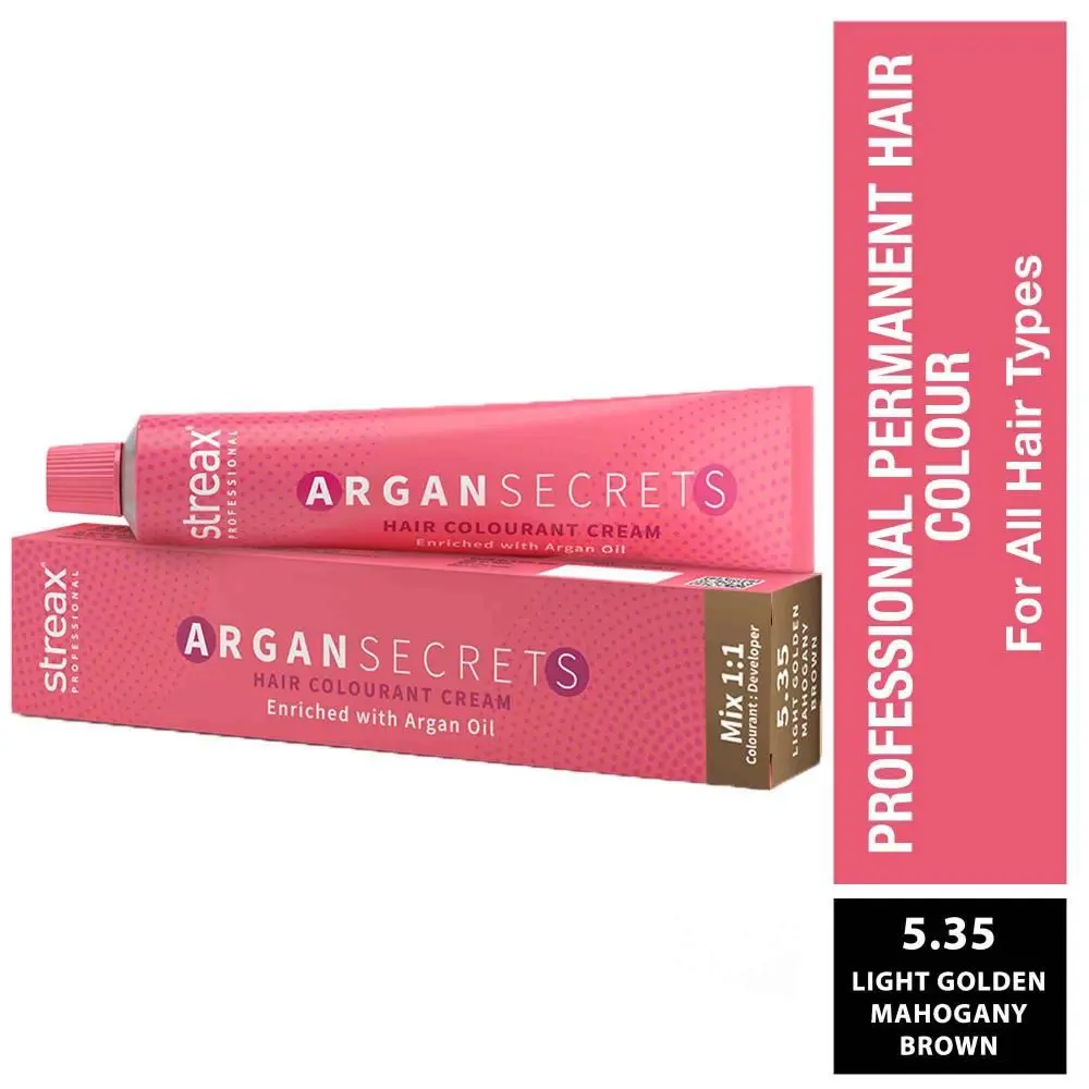 Streax Professional Argan Secrets Permanent Hair Colourant Cream - Light Golden Mahogany Brown 5.35 ( Enriched with Argan Oil) For All hair types , 60g