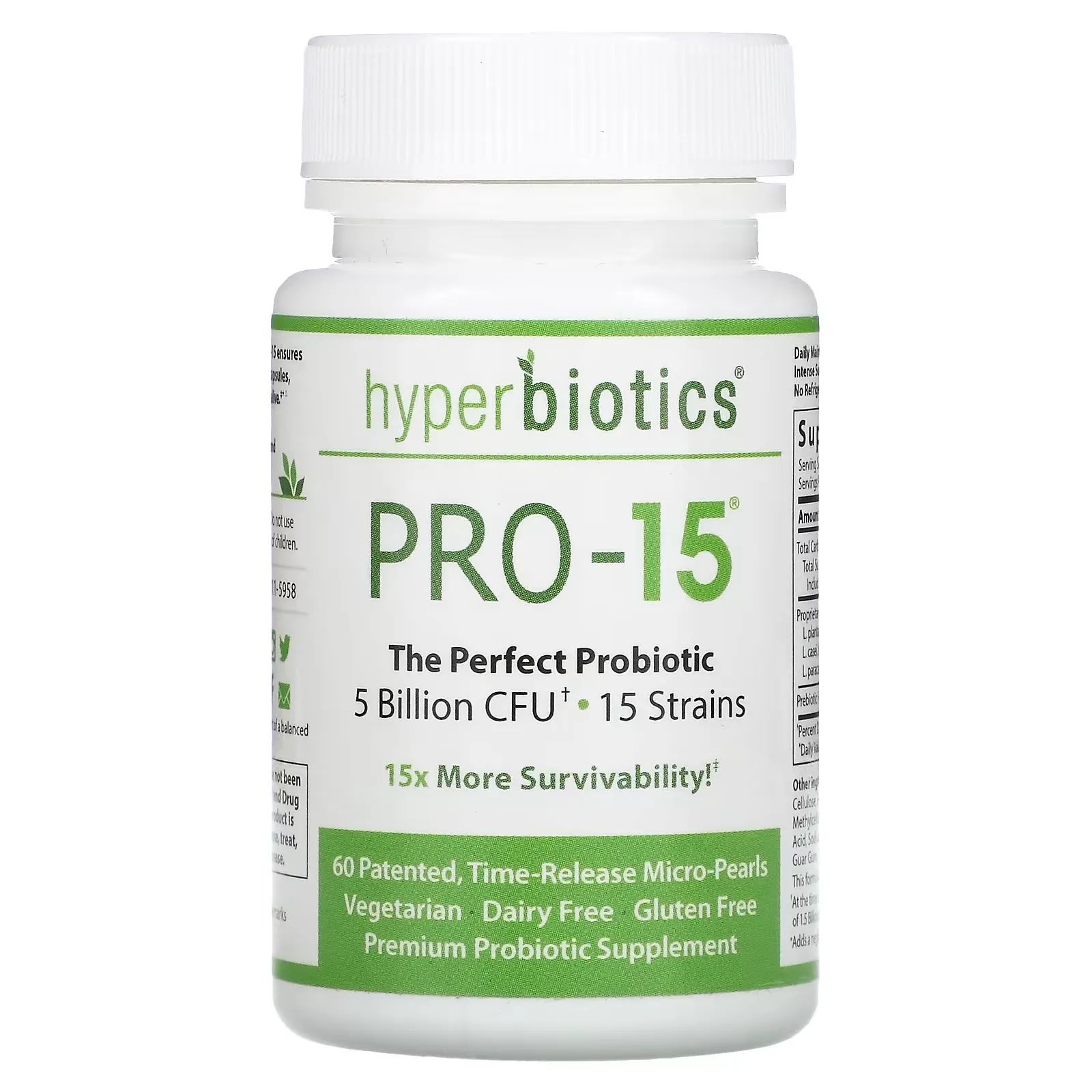 PRO-15, The Perfect Probiotic, 5 Billion CFU, 60 Patented, Time-Release Micro-Pearls