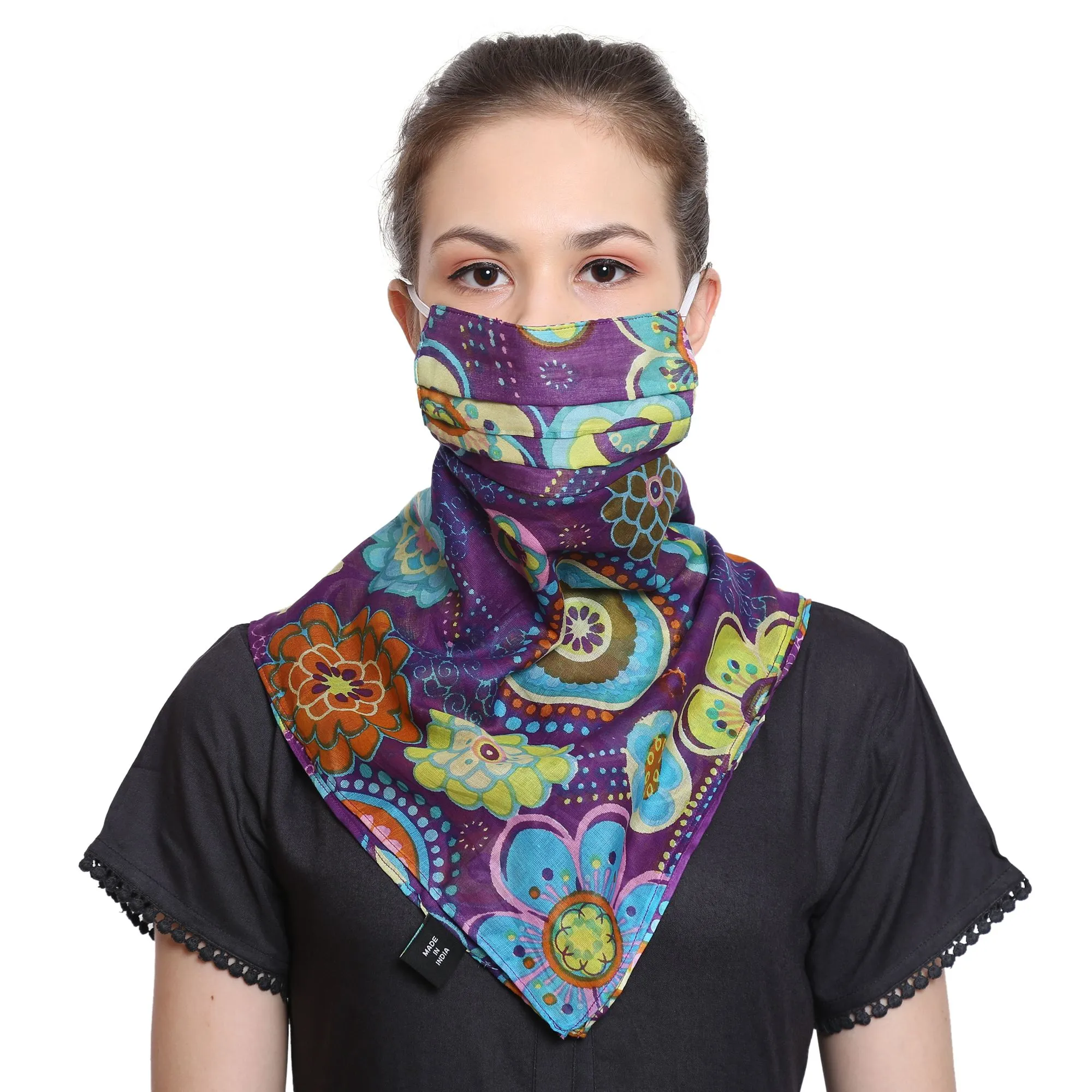 Anekaant 3-Ply Reusable Voilet & Multi Cotton Scarf Style Fashion Mask