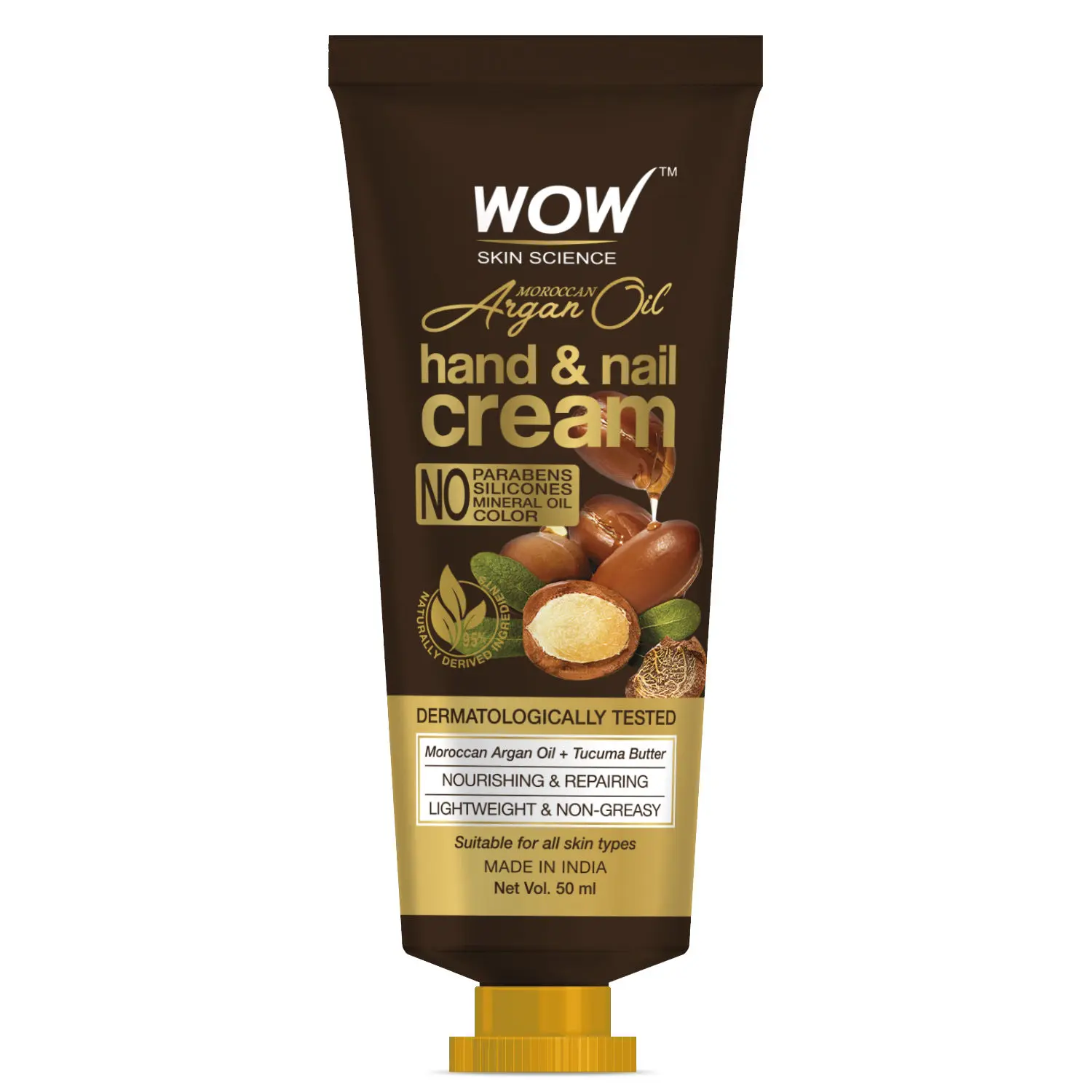 WOW Skin Science Moroccan Argan Oil Hand & Nail Cream - Nourishing & Repairing - Lightweight & Non-Greasy - Quick Absorb - for All Skin Types - No Parabens, Silicones, Mineral Oil & Color - 50mL