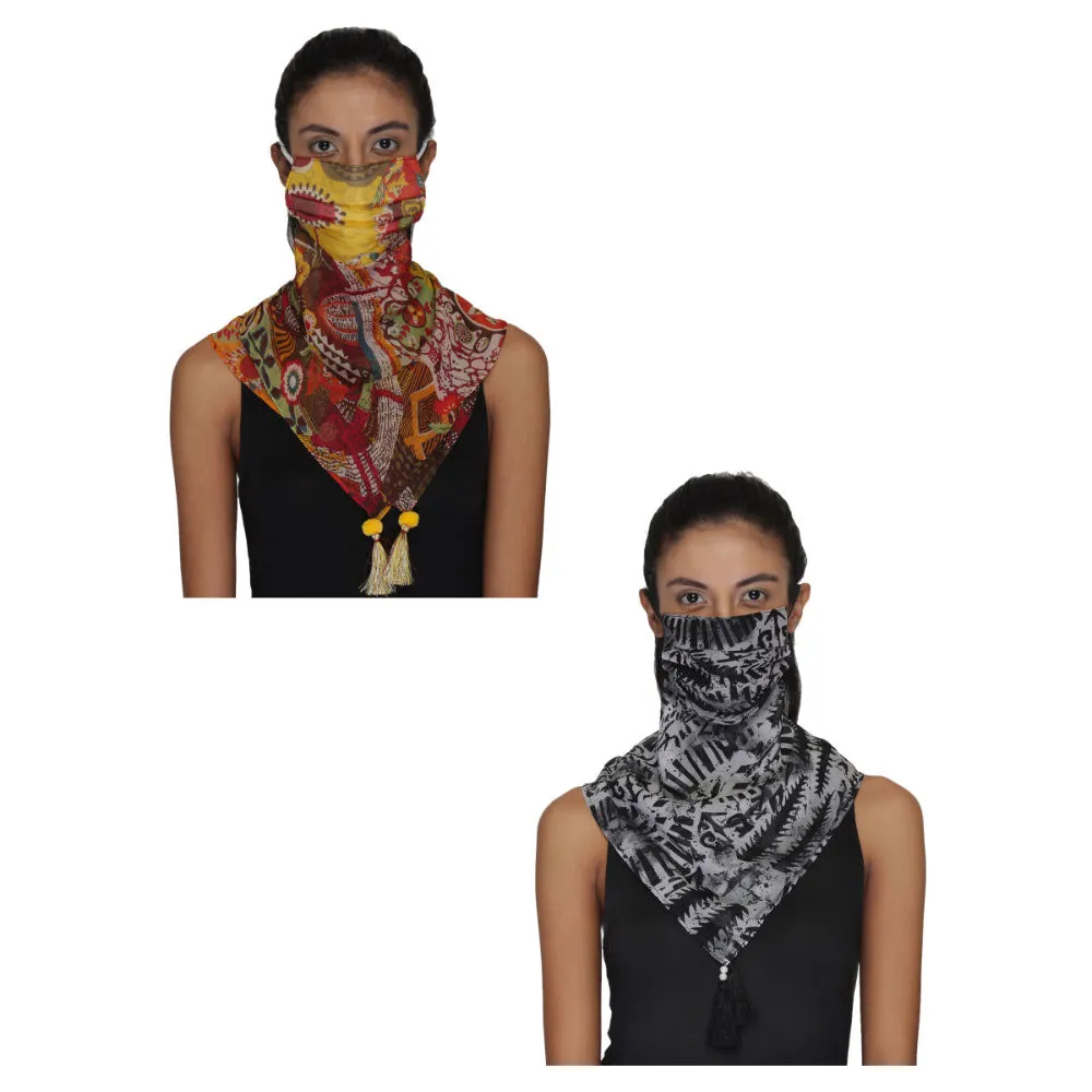 Anekaant Pack Of 2 Multicolor 3-Ply Reusable Poly Chiffon Printed Tesselled Scarf Style Fashion Mask