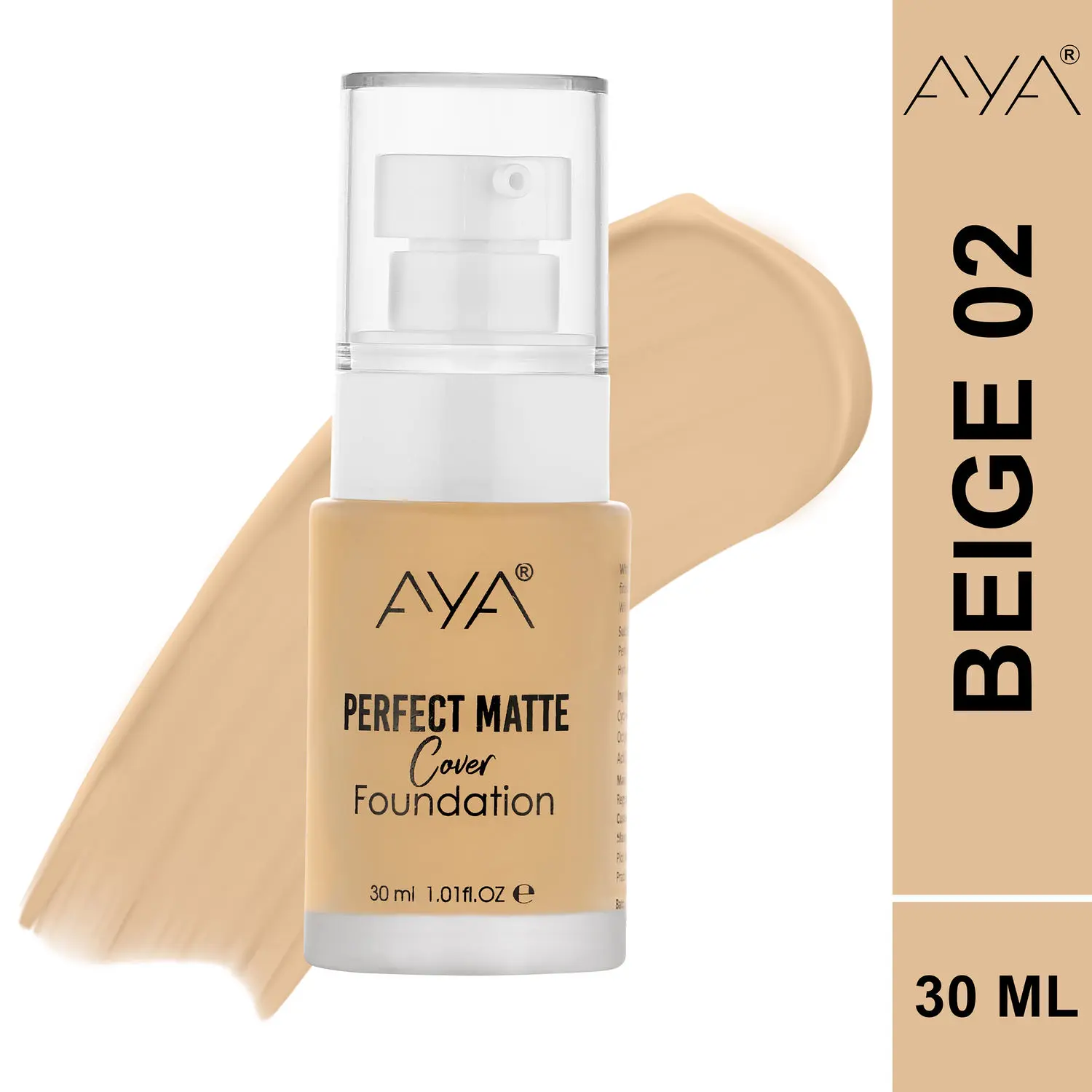 AYA Perfect Matte Cover Foundation 30 ml, 02 Beige | Water Resistent, Full Coverage, Light Weight, Hydrating |