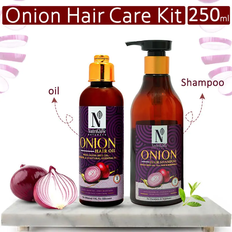 NutriGlow NATURAL'S Combo of 2 Onion Hair Shampoo (300ml) & Hair Oil (100ml) For Anti Dandruff/ Damage Repair