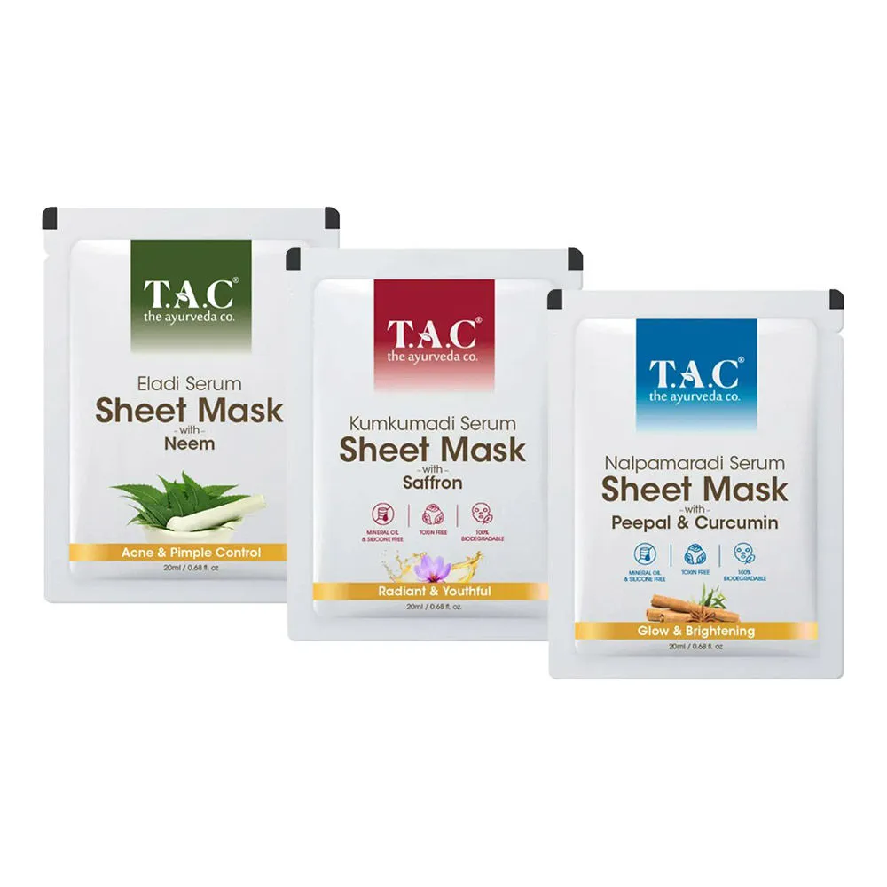 TAC - The Ayurveda Co. Eladi Serum, Kumkumadi Serum & Nalpamaradi Serum Sheet Mask - Pack Of 3