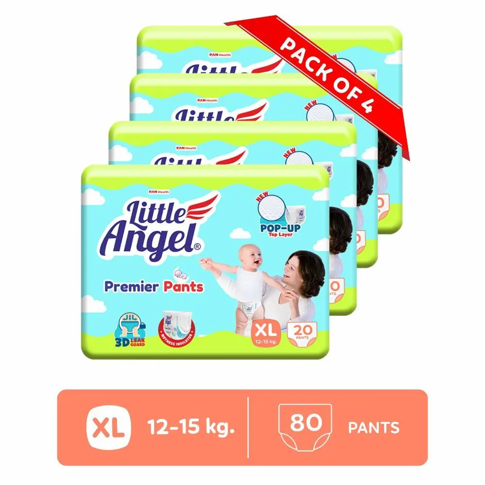 Little Angel Premier Pants Baby Diapers, Extra Large (XL) Size, 80 Count, Combo Pack of 4, 20 Count/pack with Wetness Indicator, 12-15 Kg