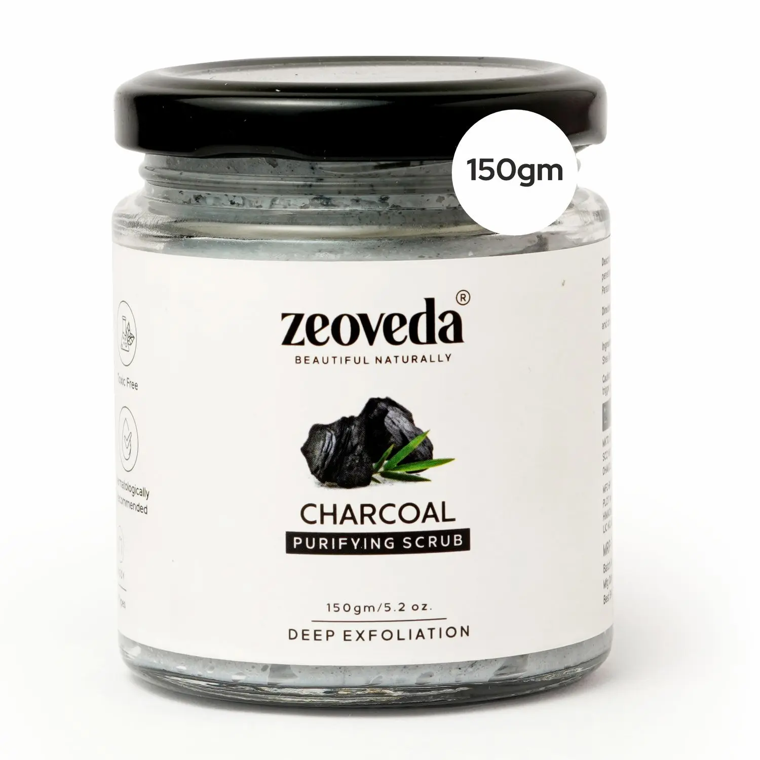 Zeoveda Organic Activated Charcoal Face & Body Scrub For Deep Skin Pore Cleaning | Removes Dirt & Impurities | Toxin and Cruelty Free | Anti-Pollution Scrub For Men and Women - 150 Gm.