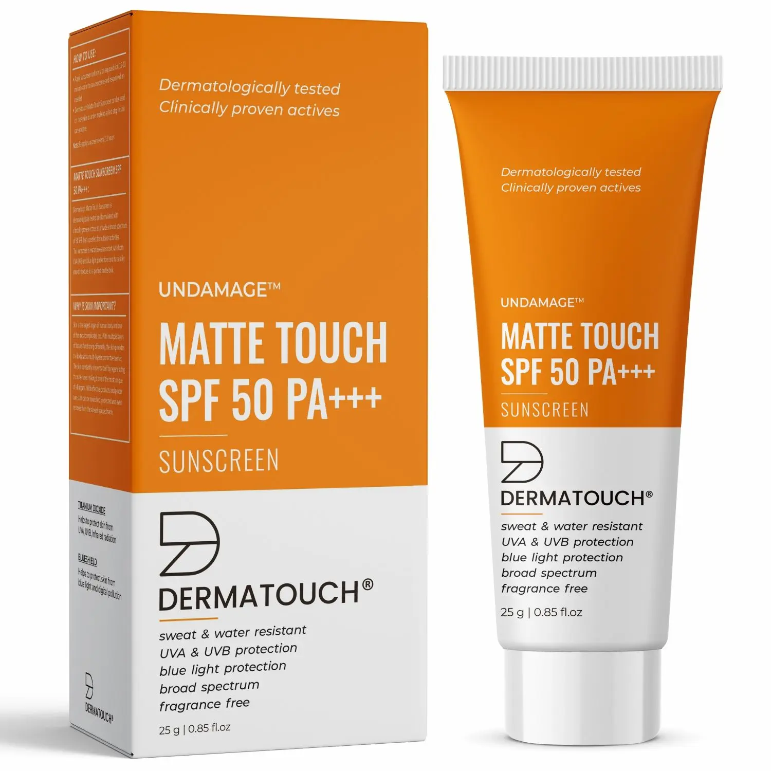 DERMATOUCH Matte Touch Sunscreen SPF 50 PA +++ with Titanium Dioxide & BlueShield | Sweat & Water Resistance | UVA & UVB Protection | Blue Light Protection | For Men & Women - 25G