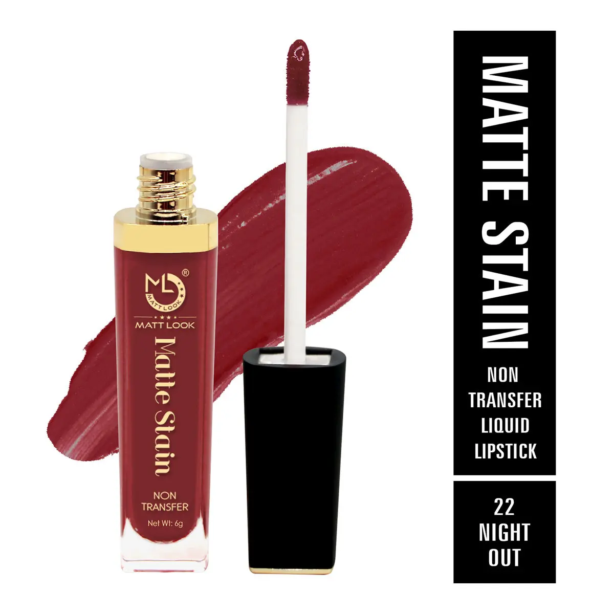 Mattlook Lip Gloss Creamy Matte Stain Lipstick, Non Transfer, Highly Pigmented Colour, Long Lasting, Waterproof, Liquid Lipstick, Night Out (6gm)