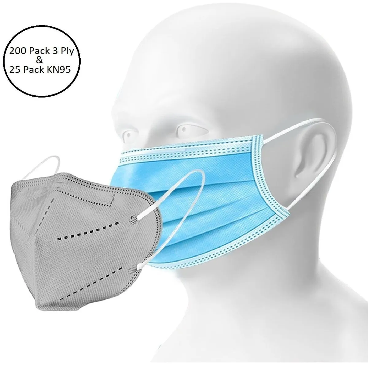 OOMPH Unisex Double Mask Set Of 200 Disposable & 25 KN95 / N95 Masks (Grey )