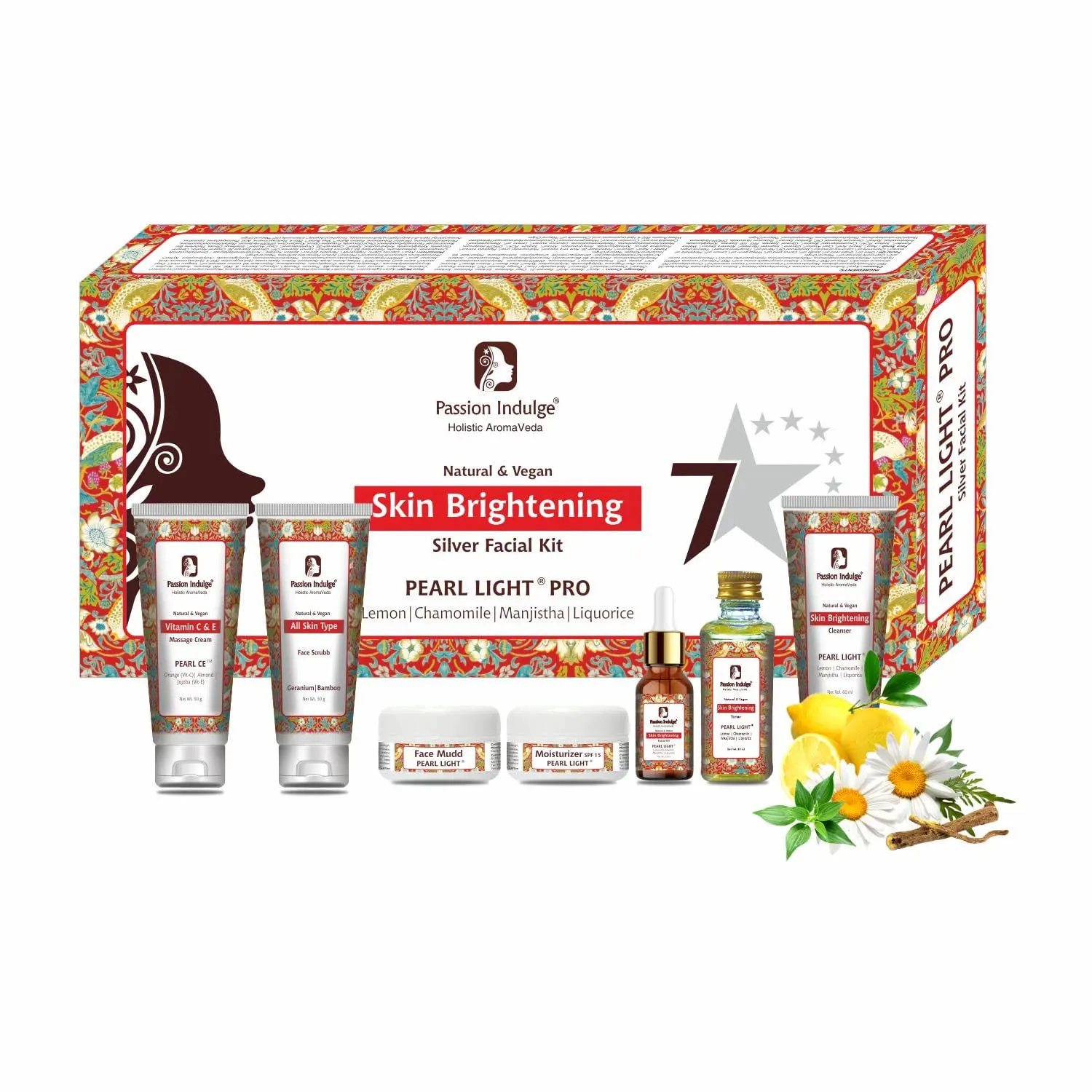 Passion Indulge Pearl Light 7 Star Pro Silver Facial Kit For Skin Brightening | Spot Reduction With Lemon, Chamomile, Manjistha, Liquorice| All Skin Types | Natural|professional Kit| 7 steps