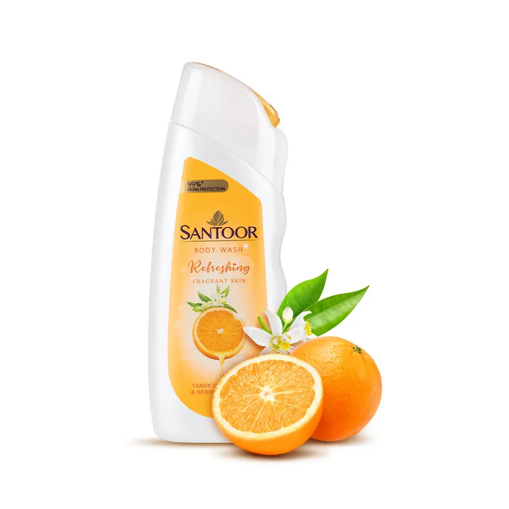 Santoor Refreshing Skin Body Wash, 230ml, Enriched With Tangy Orange Oil & Neroli Extracts, Soap-Free, Paraben-Free, pH Balanced Shower Gel