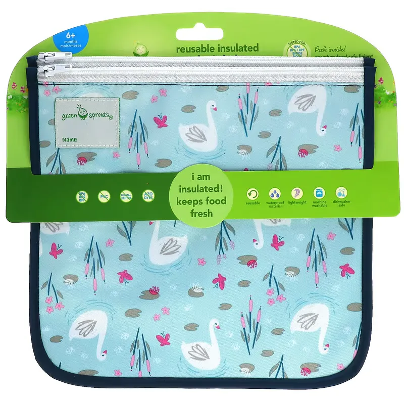 Reusable Insulated Sandwich Bags, 6+ Month, Aqua Swan, 2 Pack