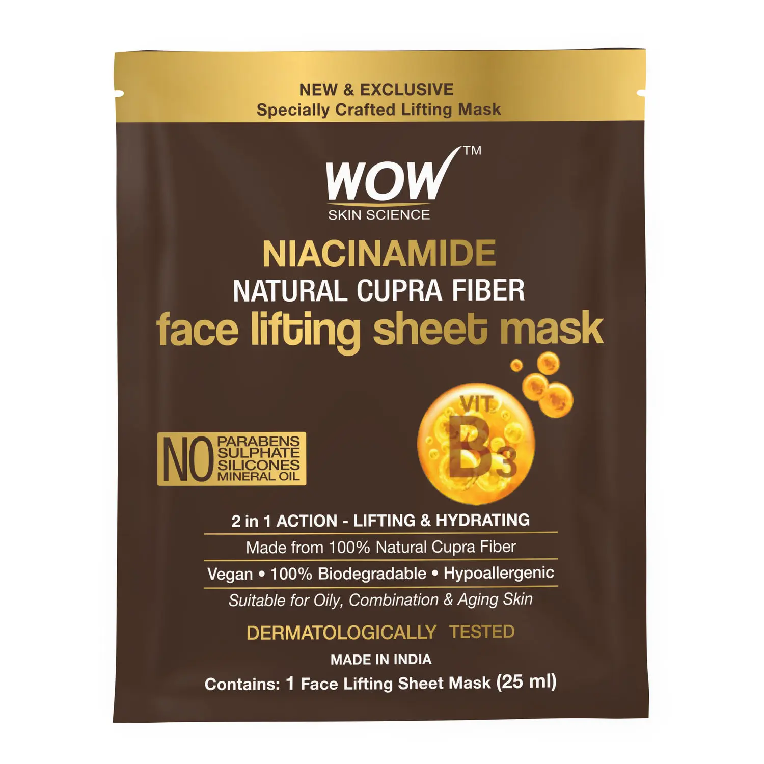 WOW Skin Science Niacinamide Natural Fiber Cupra Face Lifting Sheet Mask - Reduces Blemishes , Restores Skin Barrier And Regulates Sebum - 25ml