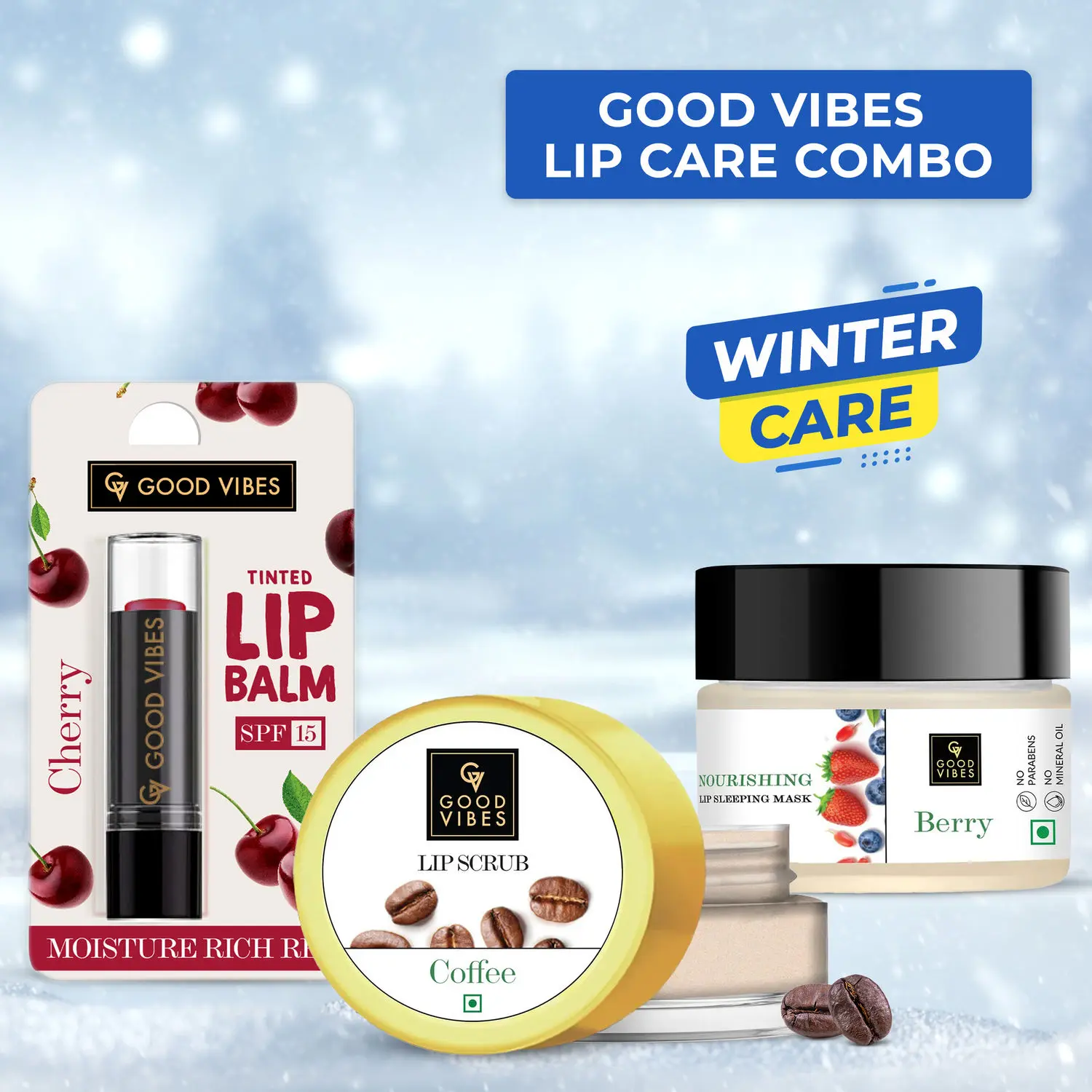 Good Vibes Lip Care Combo (Lip balm + Lip Scrub + Sleeping mask) Peach Softening Orange Tinted Lip Balm SPF 15, Coffee Lip Scrub, Berry Nourishing Lip Sleeping Mask.