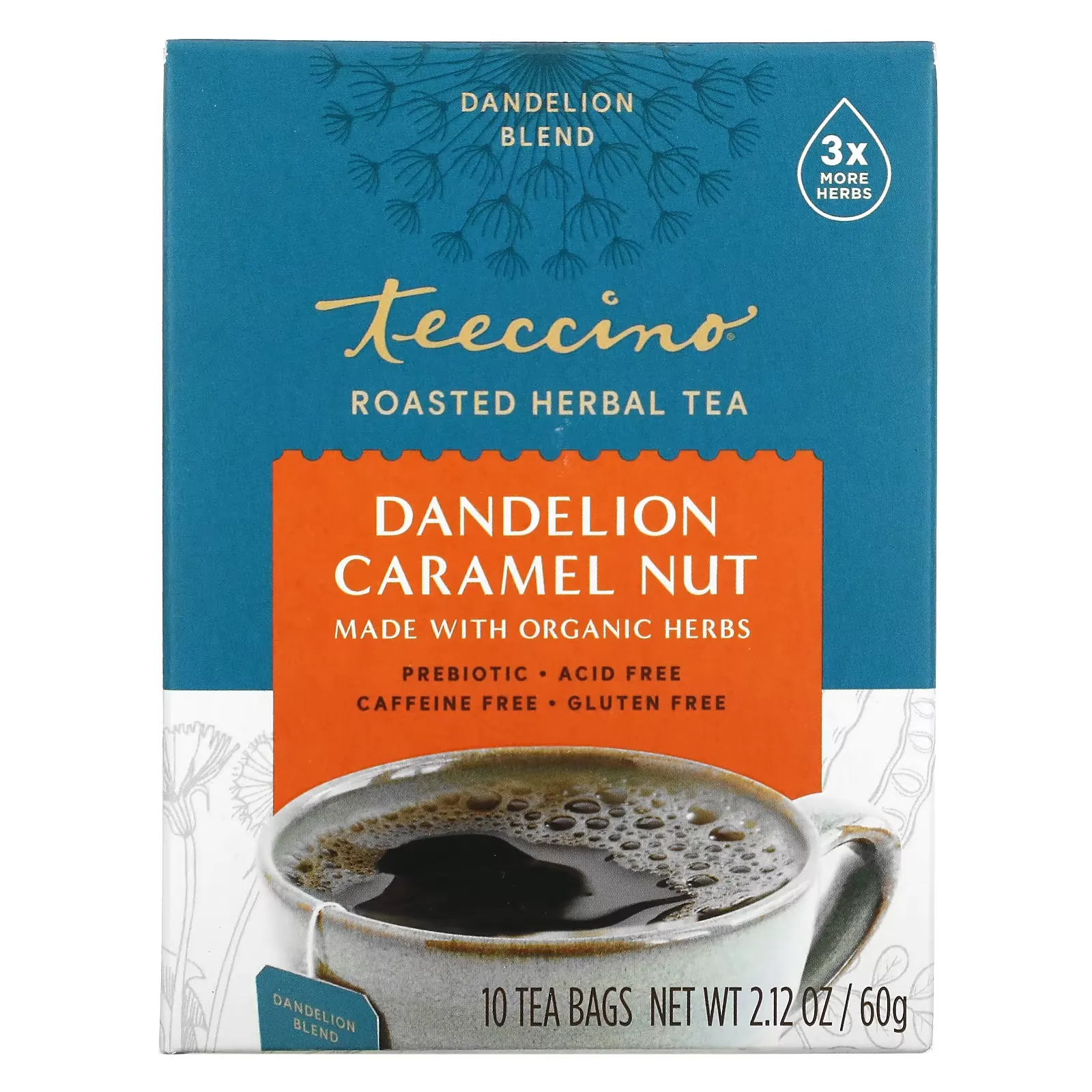 Roasted Herbal Tea, Dandelion Caramel Nut, Caffeine Free, 10 Tea Bags, 2.12 oz (60 g)