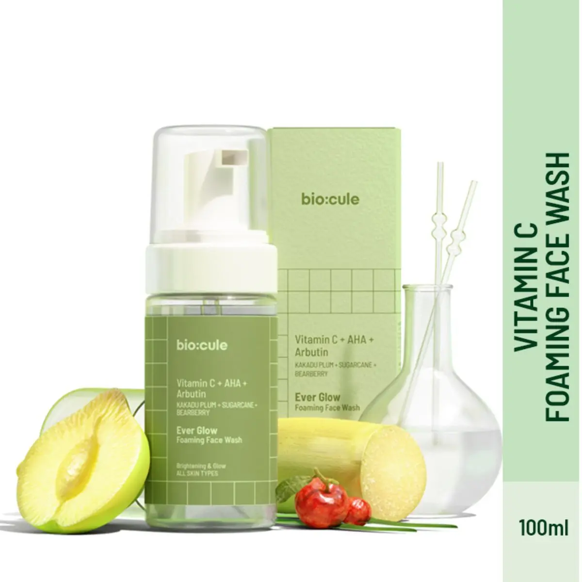 biocule Ever Glow Vitamin C Foaming Face Wash, AHA & Arbutin from Kakadu Plum, Sugarcane & Bearberry, for Glowing & Even Skin Tone, All Skin Types, 100ml