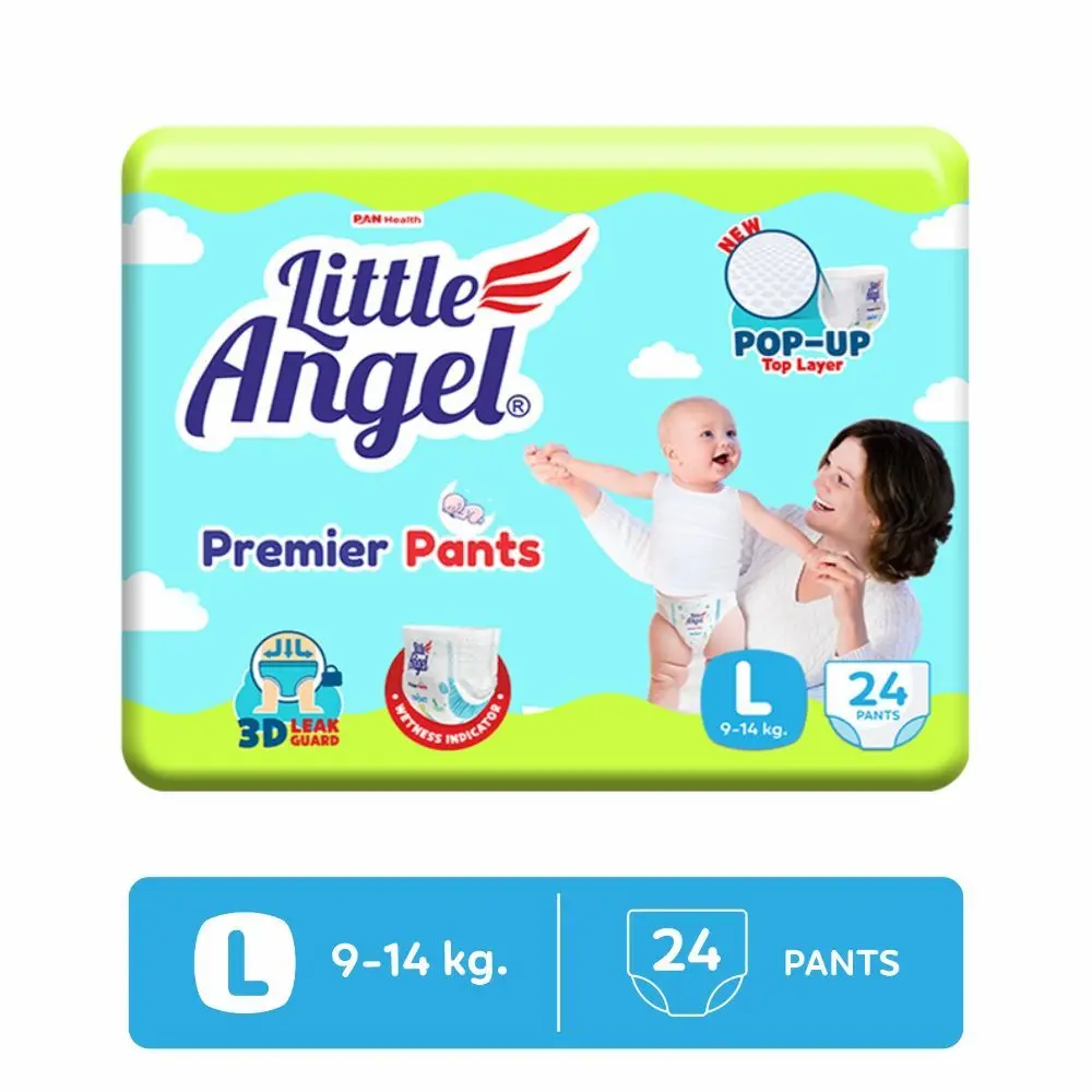 Little Angel Premier Pants Baby Diapers, Large (L) Size, 24 Count, Cottony Soft Material, Breathable, Extra Dry Core, Stretchable Sides, Pack of 1, 9-14 kgs