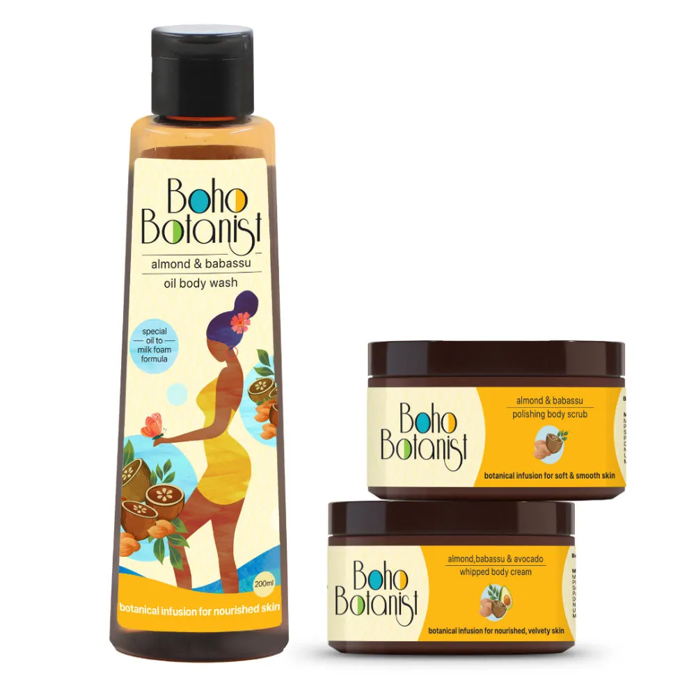 Boho Botanist Almond & Babassu Oil Body Wash + Body Scrub + Whipped Body Cream