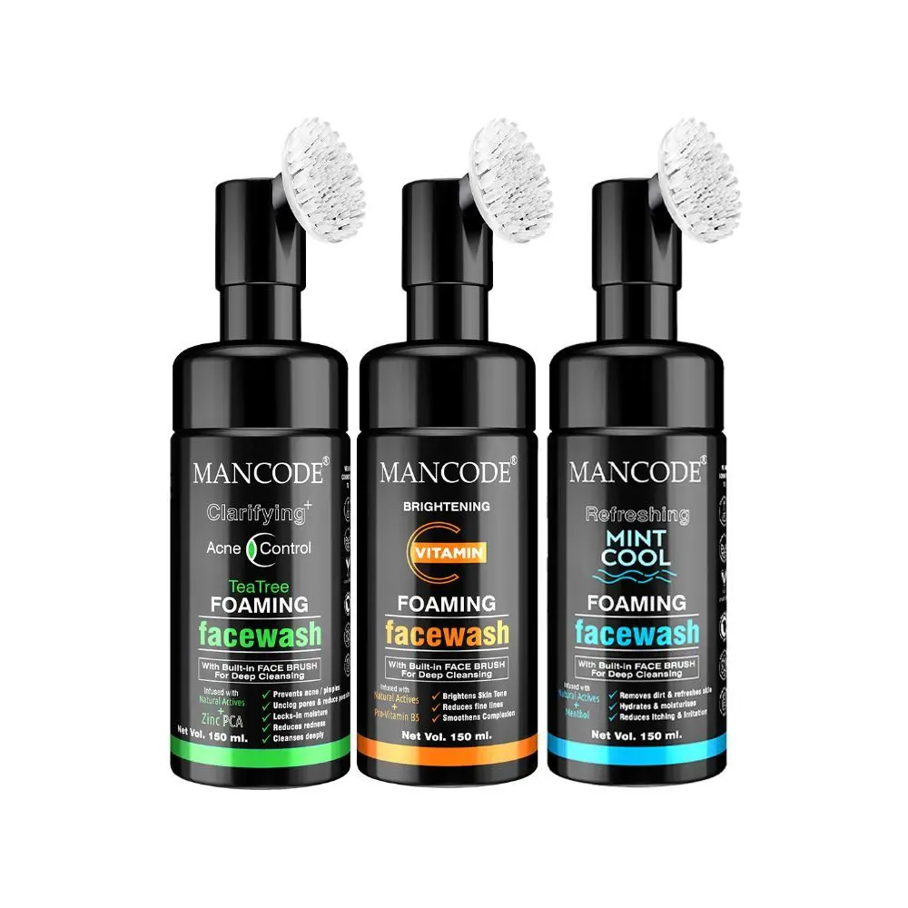 Mancode Acne Control Tea Tree, Vitamin C & Mint Cool Foaming Facewash (With Bult-in Brush),150ml Each (pack of 3)