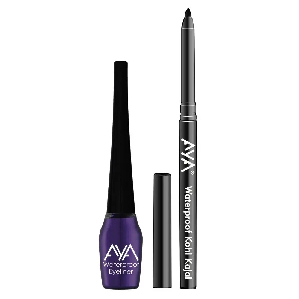 AYA Waterproof Liquid Eyeliner, Purple + Jet black Waterproof Kohl Kajal