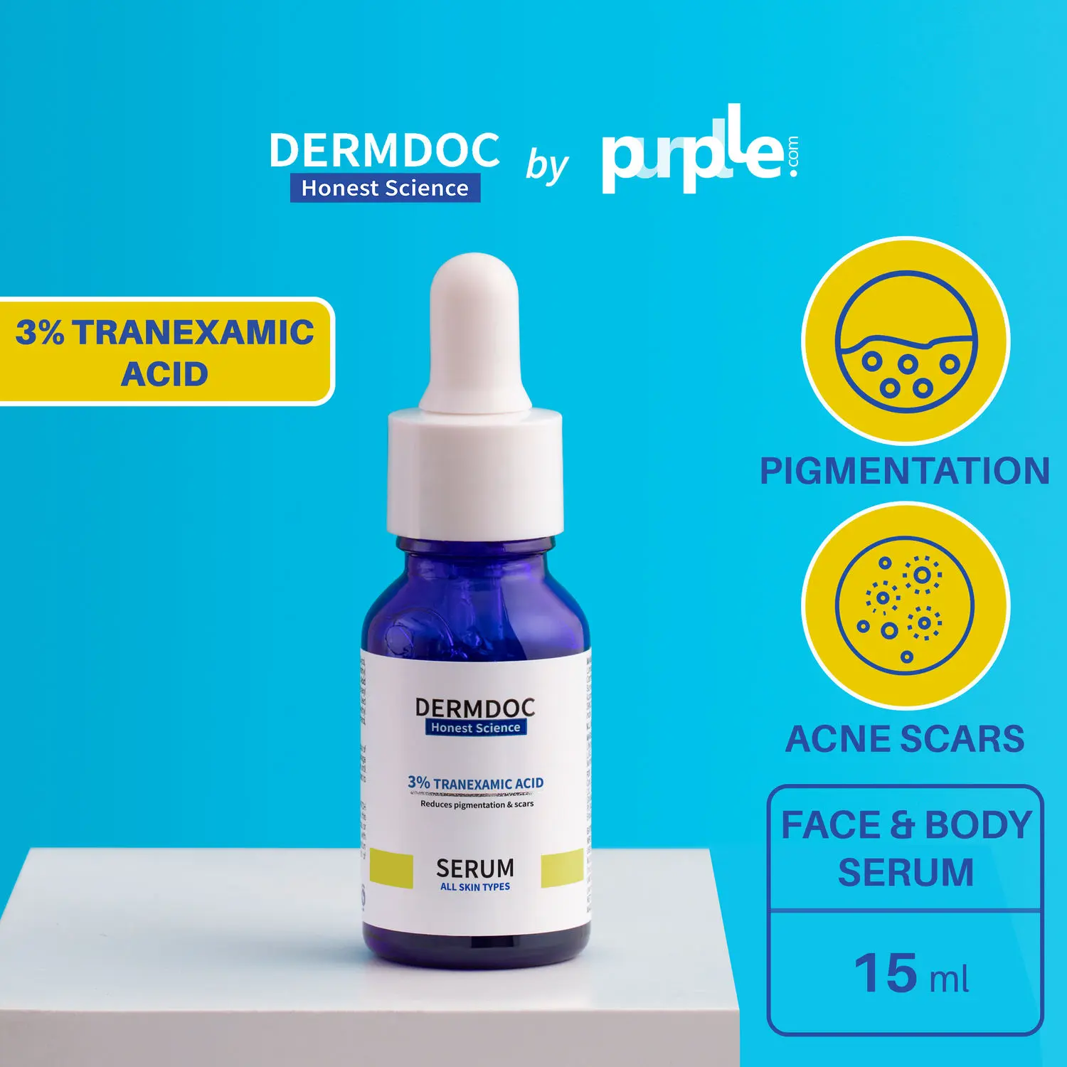 DERMDOC by Purplle 3% Tranexamic Acid Serum (15 ml) | tranexamic for pigmentation, acne scars, dark spots | face & body brightening serum | serum for body | serum for pigmentation