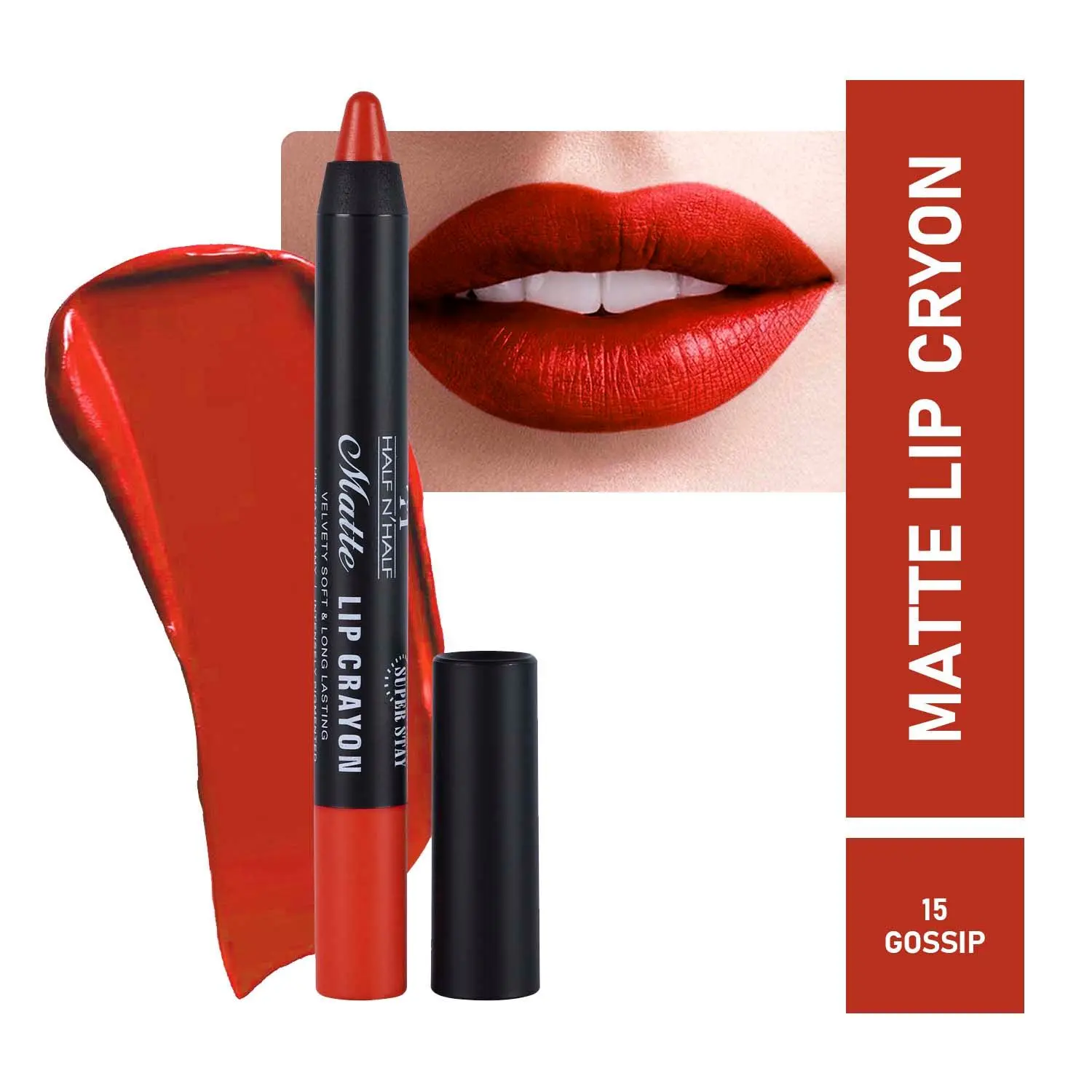 Half N Half Matte Lip Crayon Velvet Soft & Long Lasting, 24h Super Stay, 15 Gossip (3.5gm)