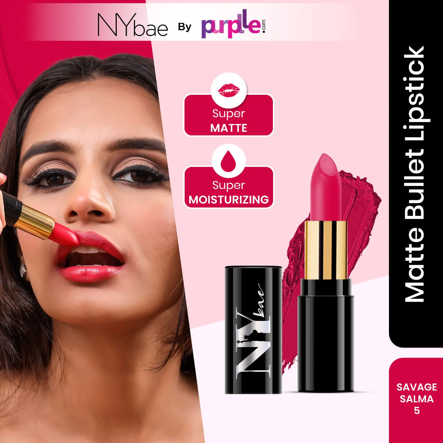 NY Bae Super Matte Lipstick - Savage Salma 5 (4.2 g) | Pink | Matte Finish | Enriched with Vitamin E | Rich Colour Payoff | Nourishing | Long lasting | Smudgeproof | Vegan | Cruelty & Paraben Free